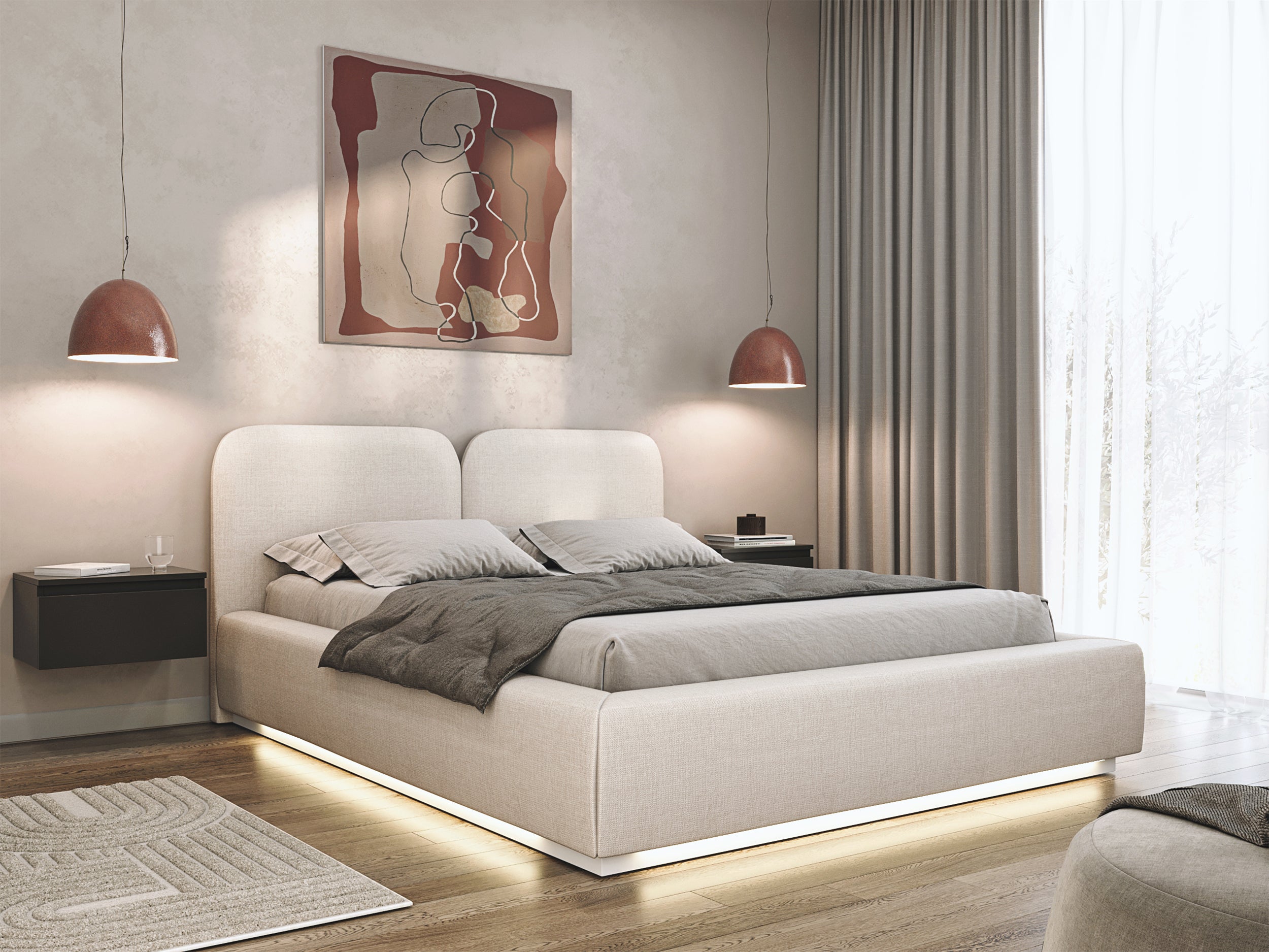 Łóżko tapicerowane 160x200 cm Comoves z oświetleniem LED kremowe szenil