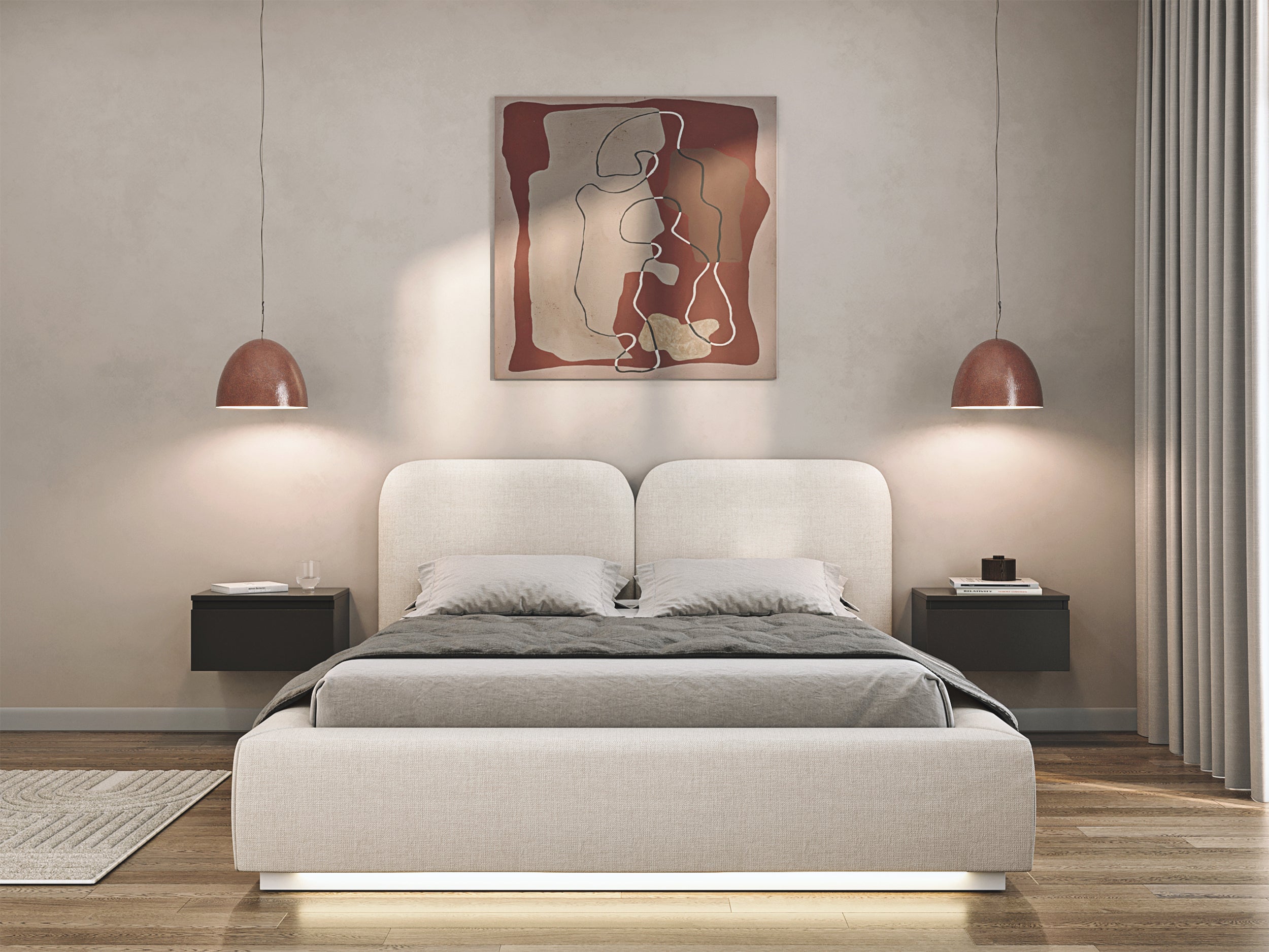 Łóżko tapicerowane 140x200 cm Comoves z pojemnikiem i oświetleniem LED stelaż metalowy kremowe szenil