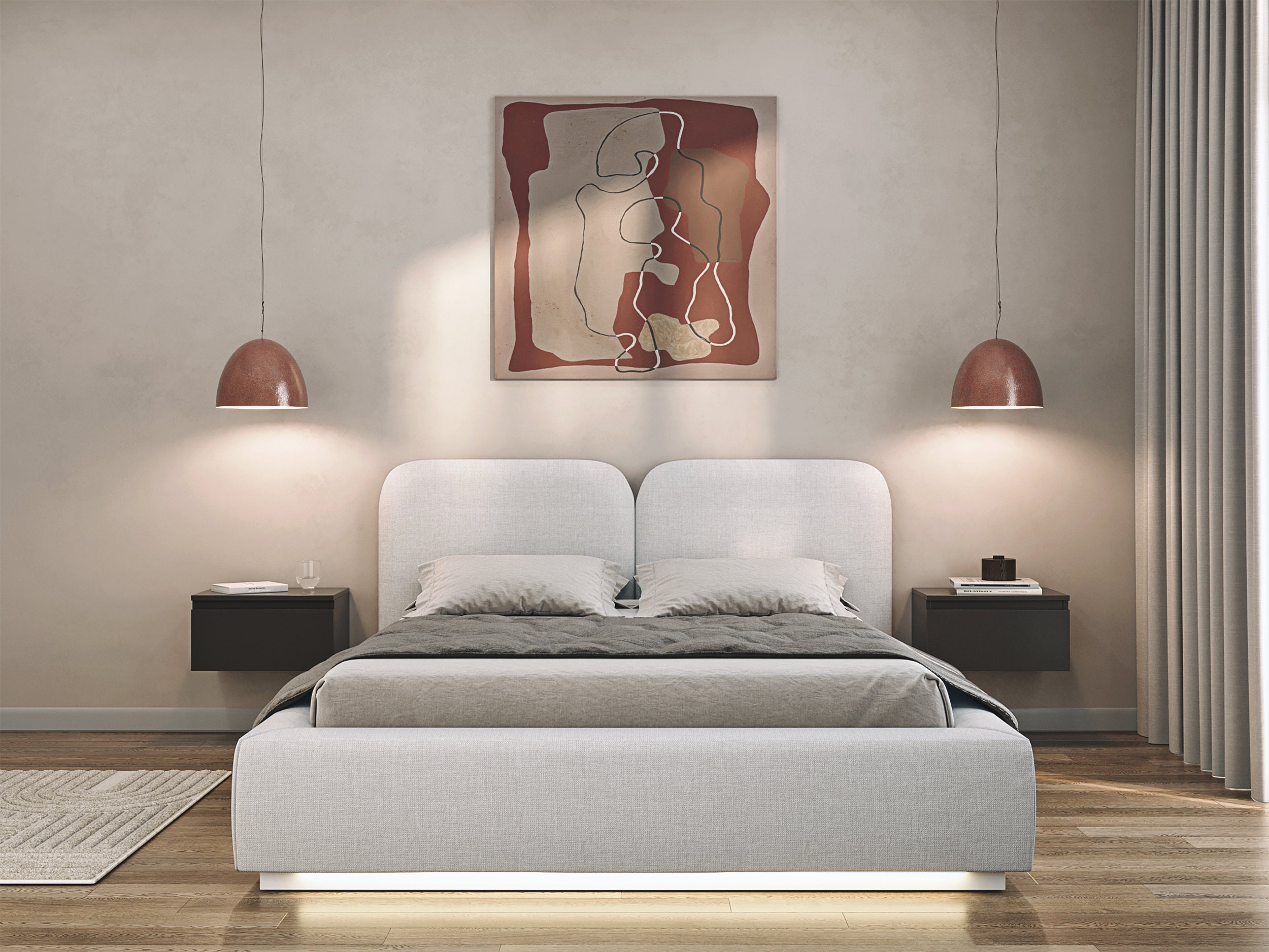 Łóżko tapicerowane 160x200 cm Comoves z oświetleniem LED jasnoszare szenil