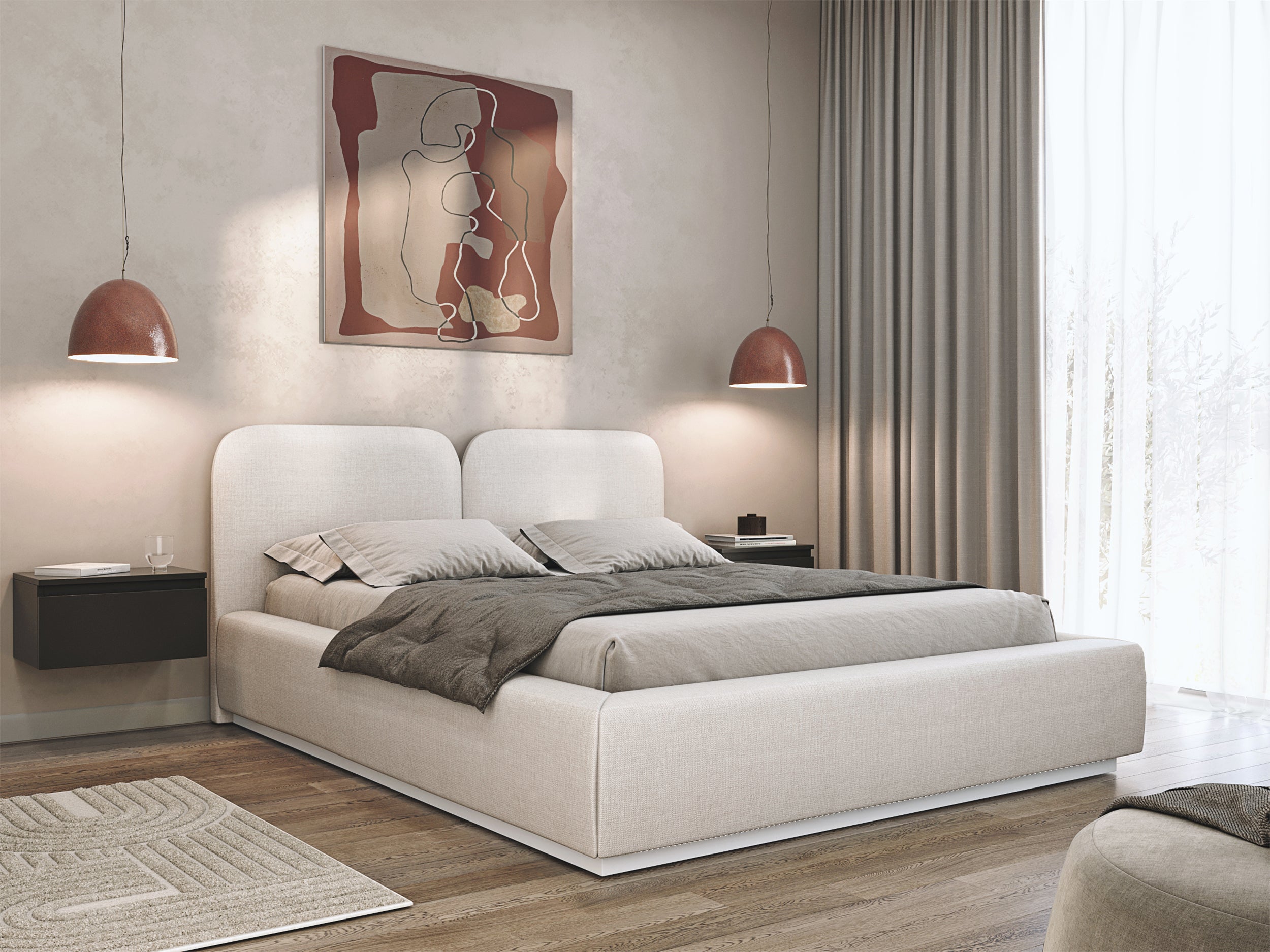 Łóżko tapicerowane 180x200 cm Comoves z pojemnikiem stelaż metalowy kremowe szenil