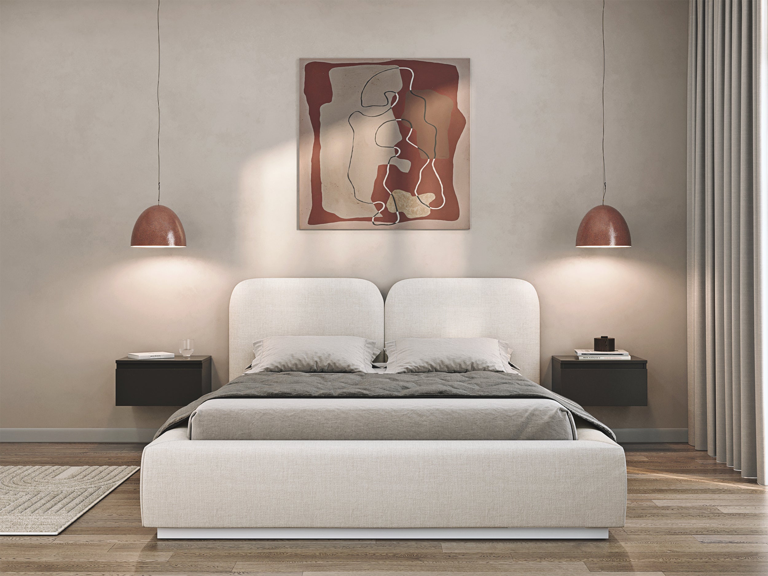Łóżko tapicerowane 160x200 cm Comoves z pojemnikiem stelaż metalowy kremowe szenil