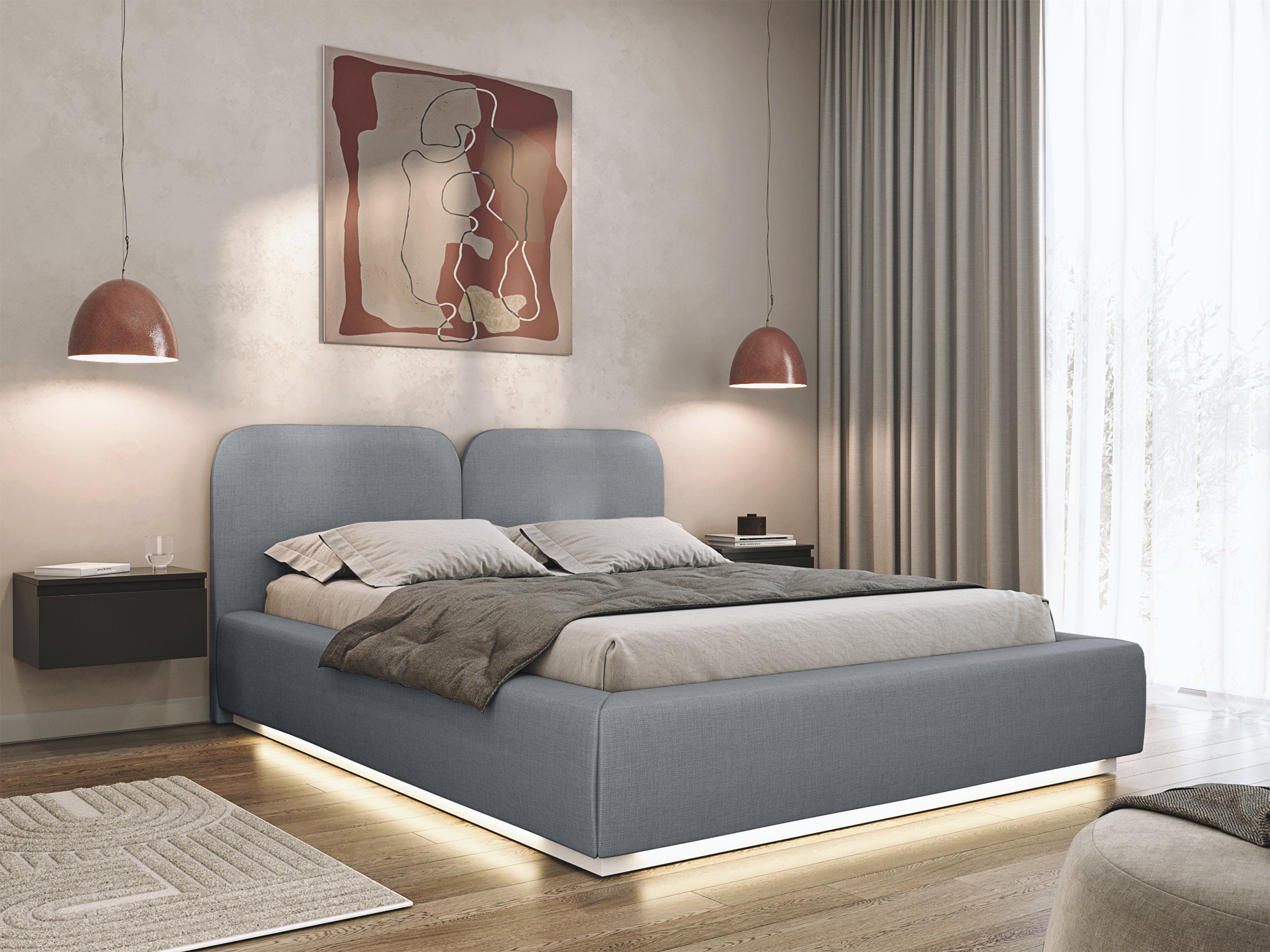 Łóżko tapicerowane 180x200 cm Comoves z pojemnikiem i oświetleniem LED stelaż metalowy szare szenil