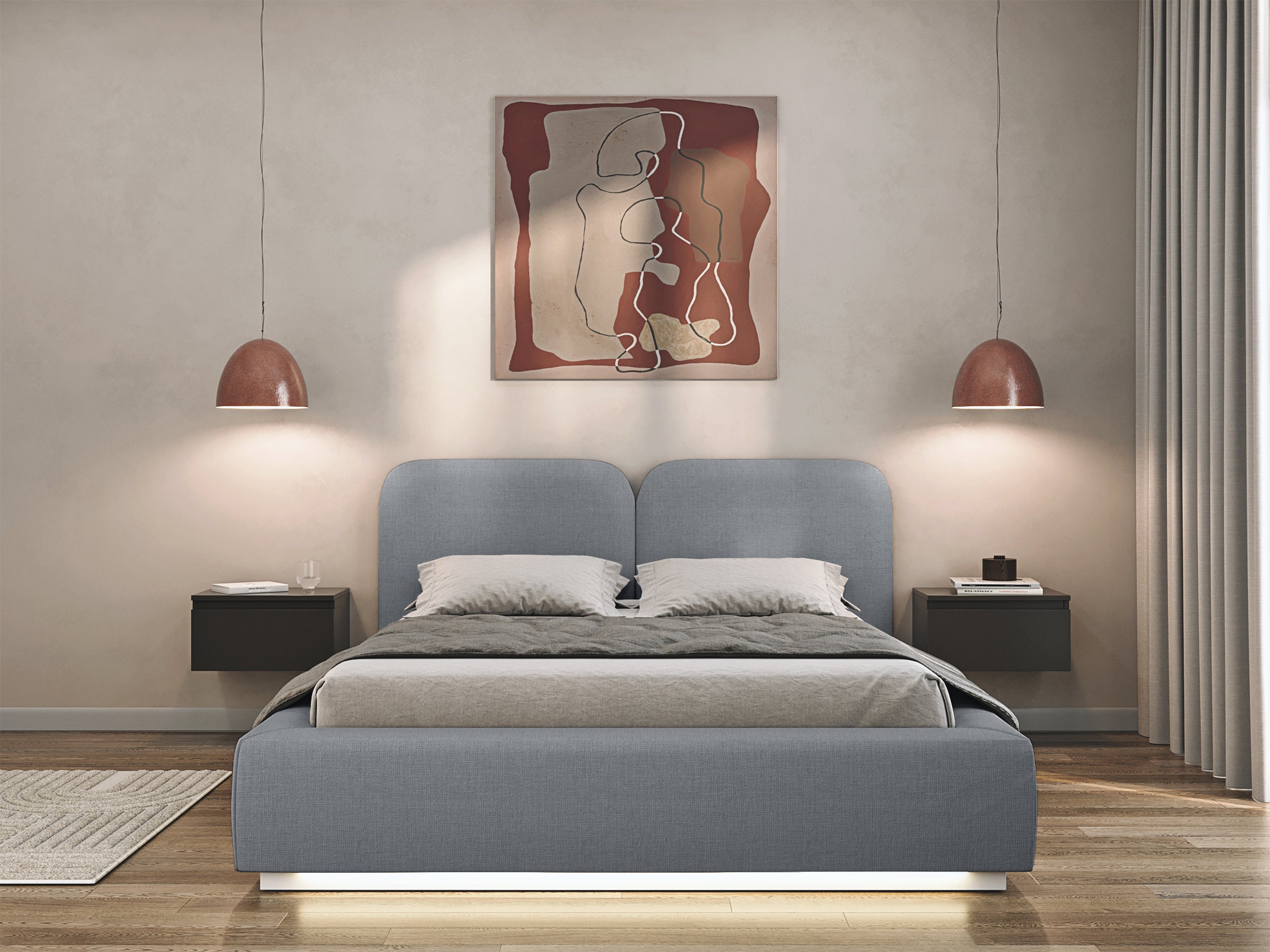 Łóżko tapicerowane 180x200 cm Comoves z pojemnikiem i oświetleniem LED stelaż metalowy szare szenil