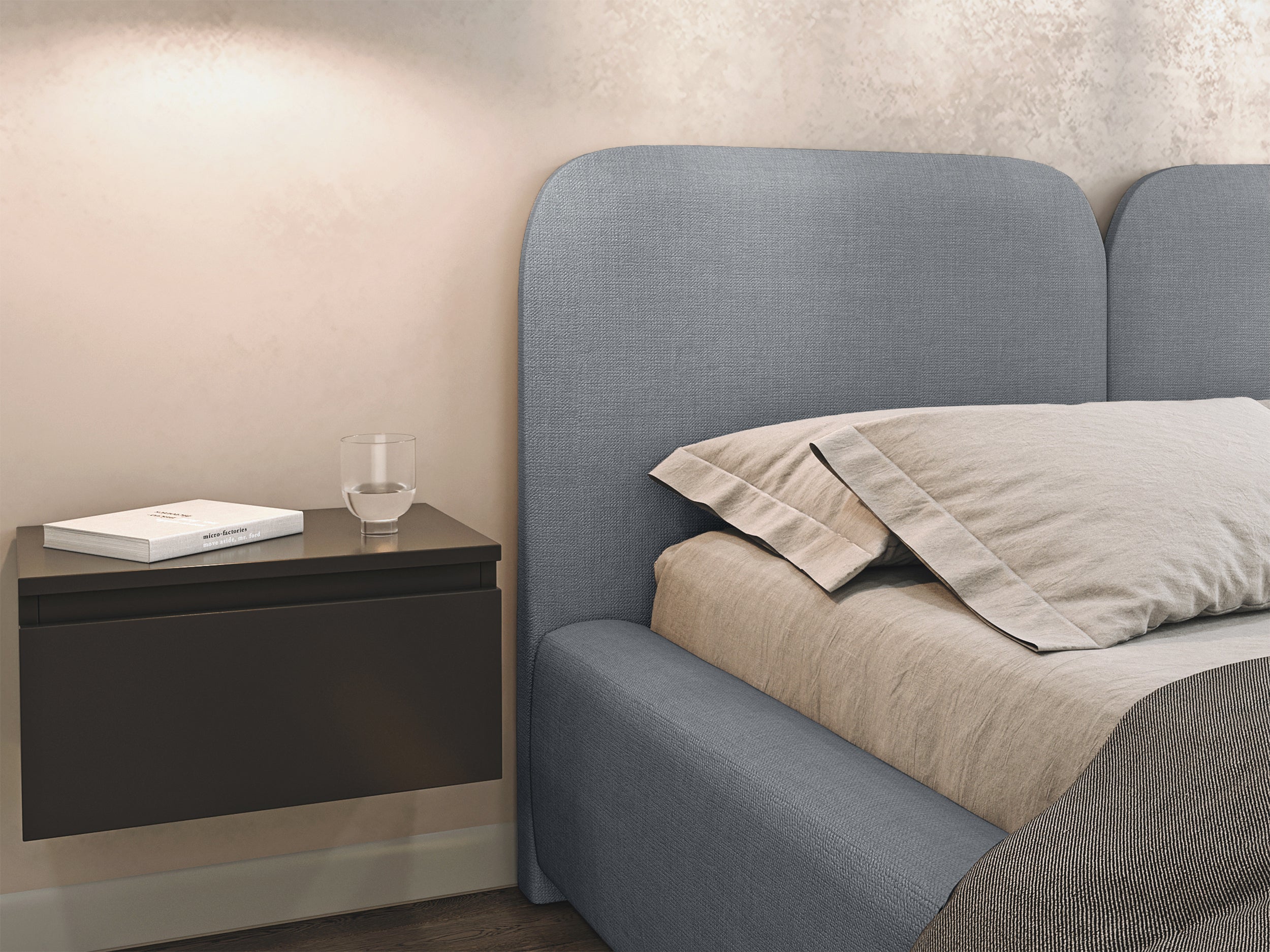 Łóżko tapicerowane 180x200 cm Comoves z pojemnikiem i oświetleniem LED stelaż metalowy szare szenil