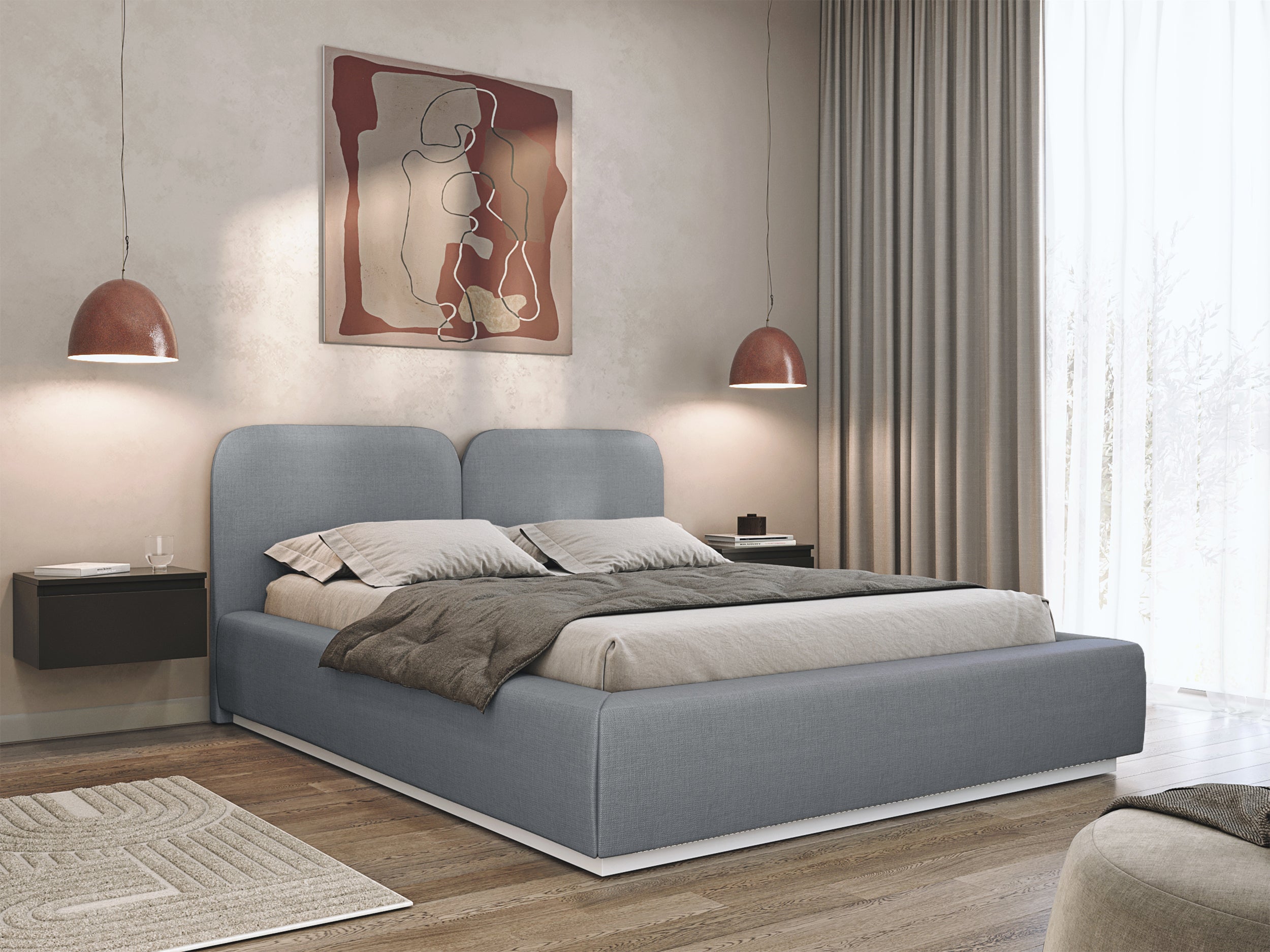 Łóżko tapicerowane 140x200 cm Comoves z pojemnikiem stelaż metalowy szare szenil