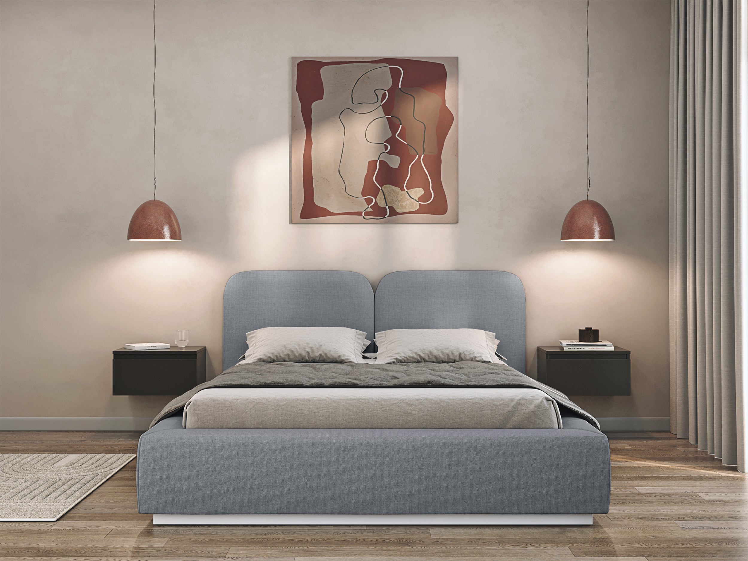 Łóżko tapicerowane 140x200 cm Comoves z pojemnikiem stelaż metalowy szare szenil