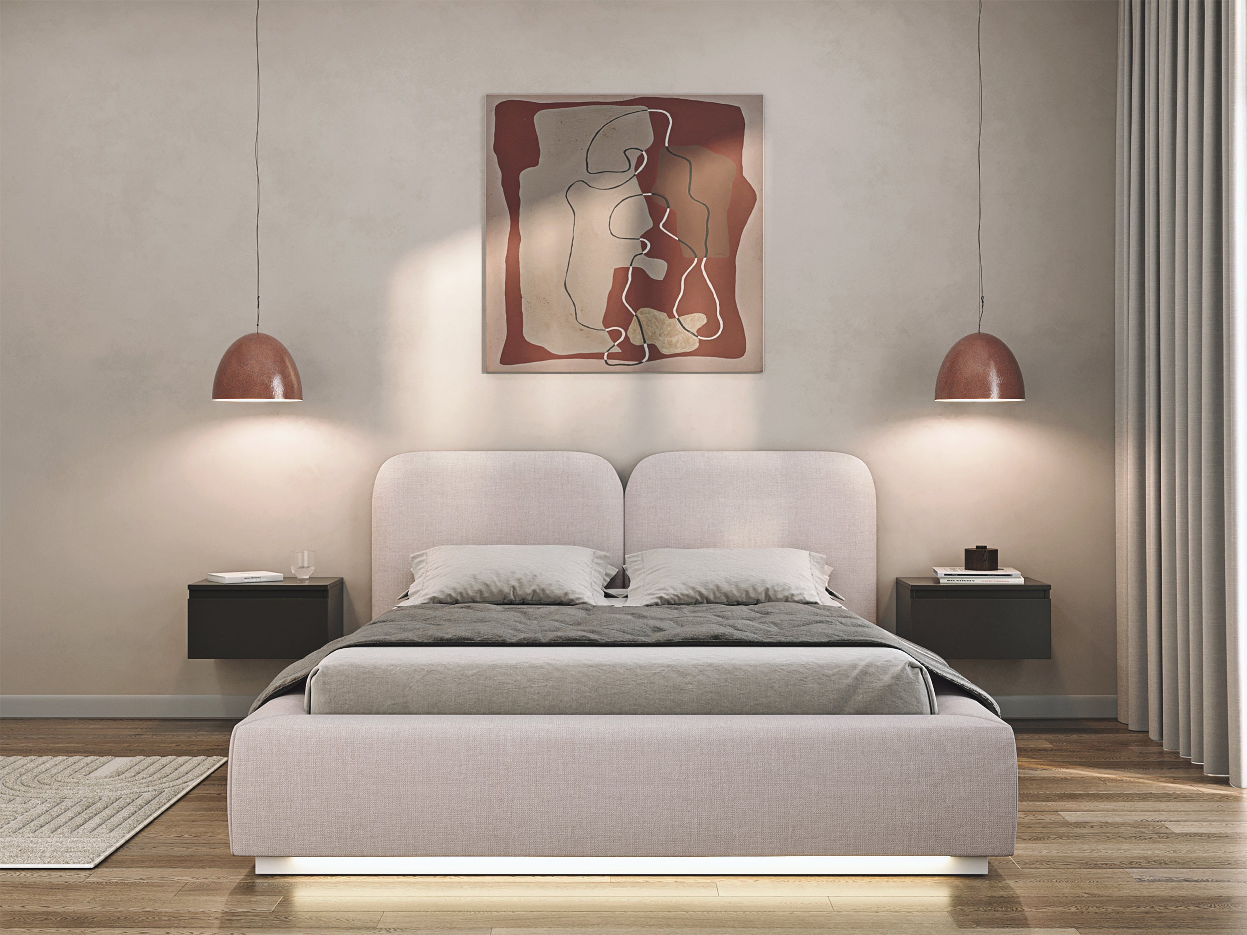 Łóżko tapicerowane 140x200 cm Comoves z oświetleniem LED jasnobeżowe szenil