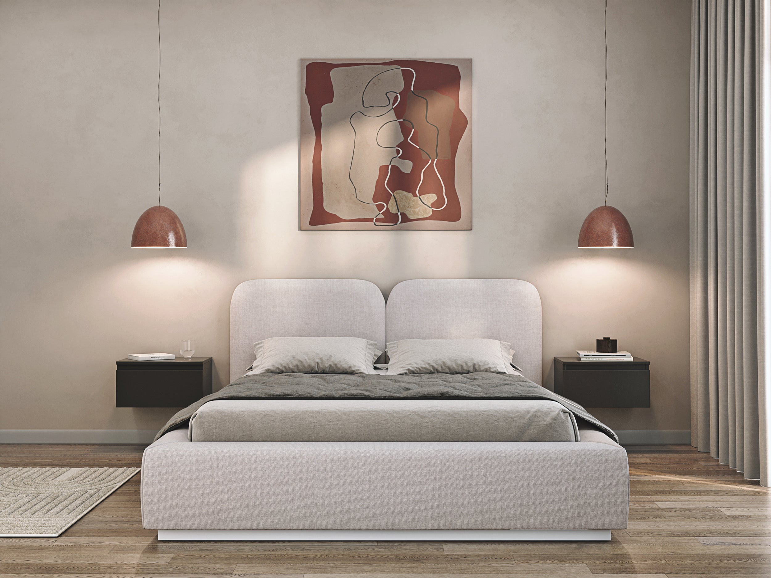 Łóżko tapicerowane 180x200 cm Comoves z pojemnikiem stelaż metalowy jasnobeżowe szenil