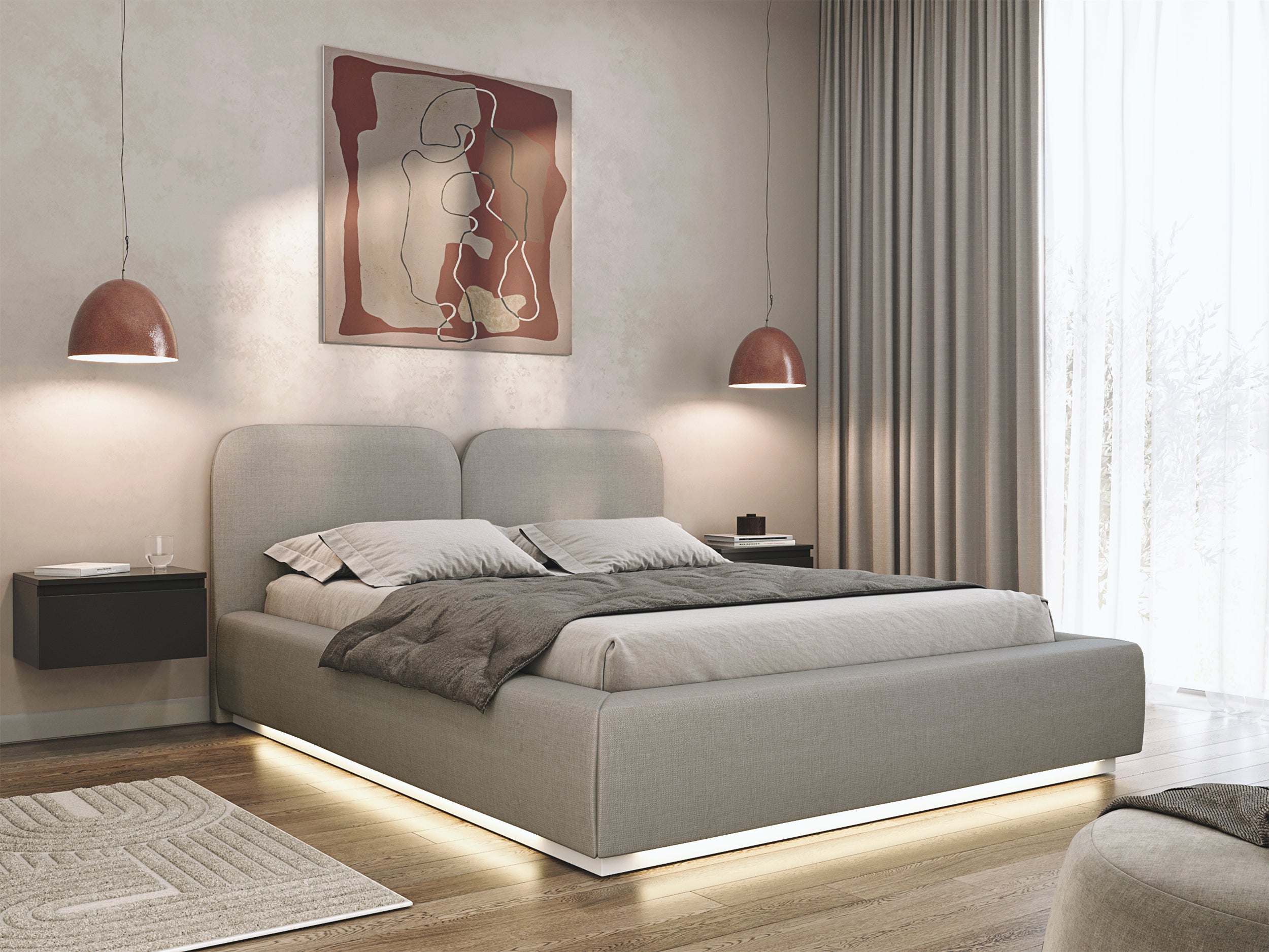 Łóżko tapicerowane 160x200 cm Comoves z pojemnikiem i oświetleniem LED stelaż metalowy ciemnobeżowe szenil