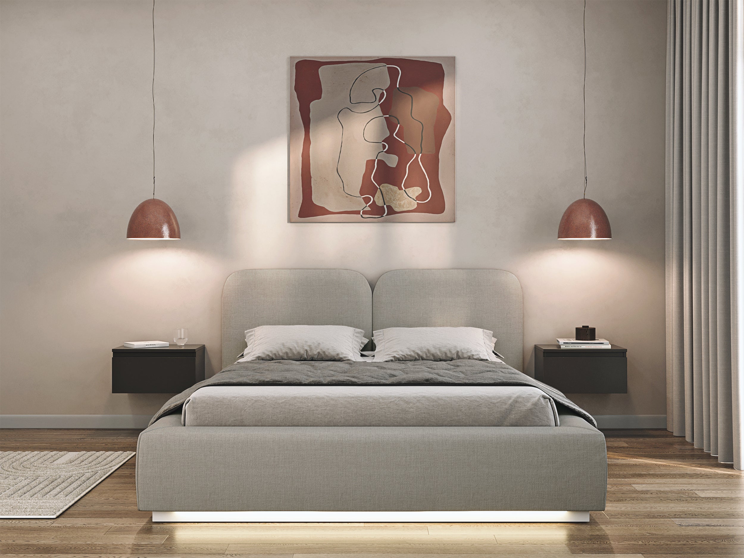Łóżko tapicerowane 180x200 cm Comoves z oświetleniem LED ciemnobeżowe szenil