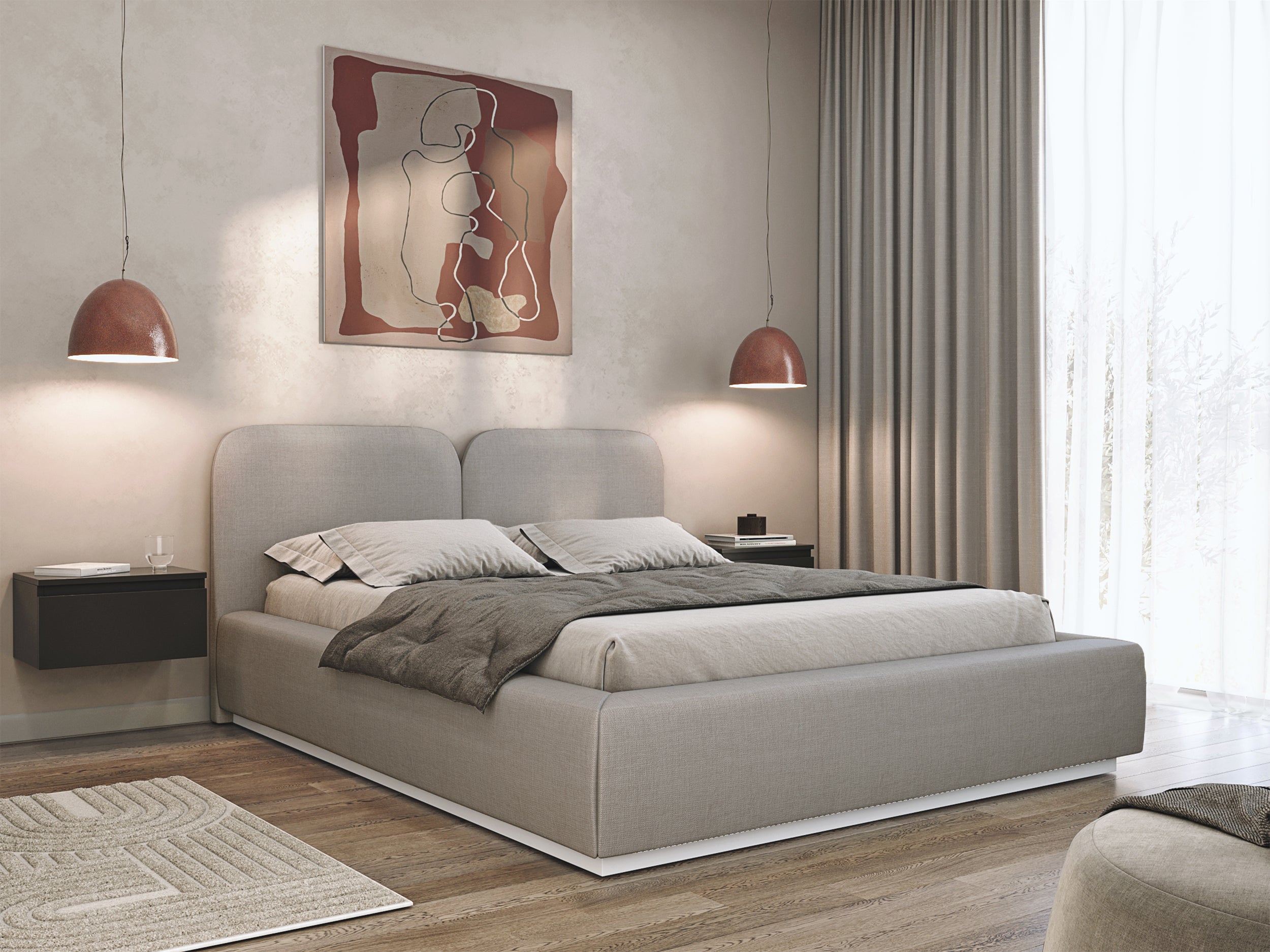 Łóżko tapicerowane 180x200 cm Comoves z pojemnikiem stelaż metalowy ciemnobeżowe szenil