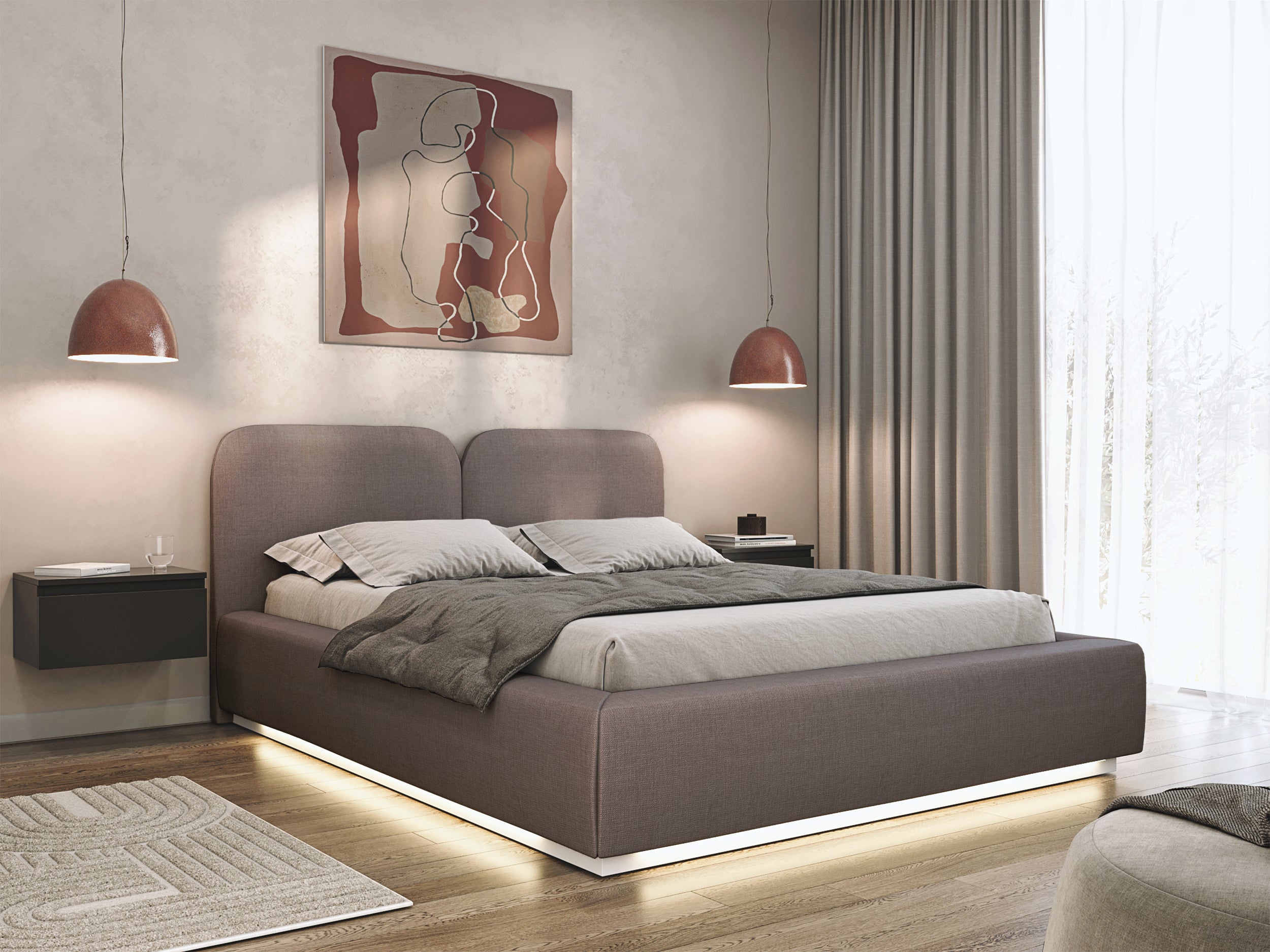 Łóżko tapicerowane 140x200 cm Comoves z oświetleniem LED brązowe szenil
