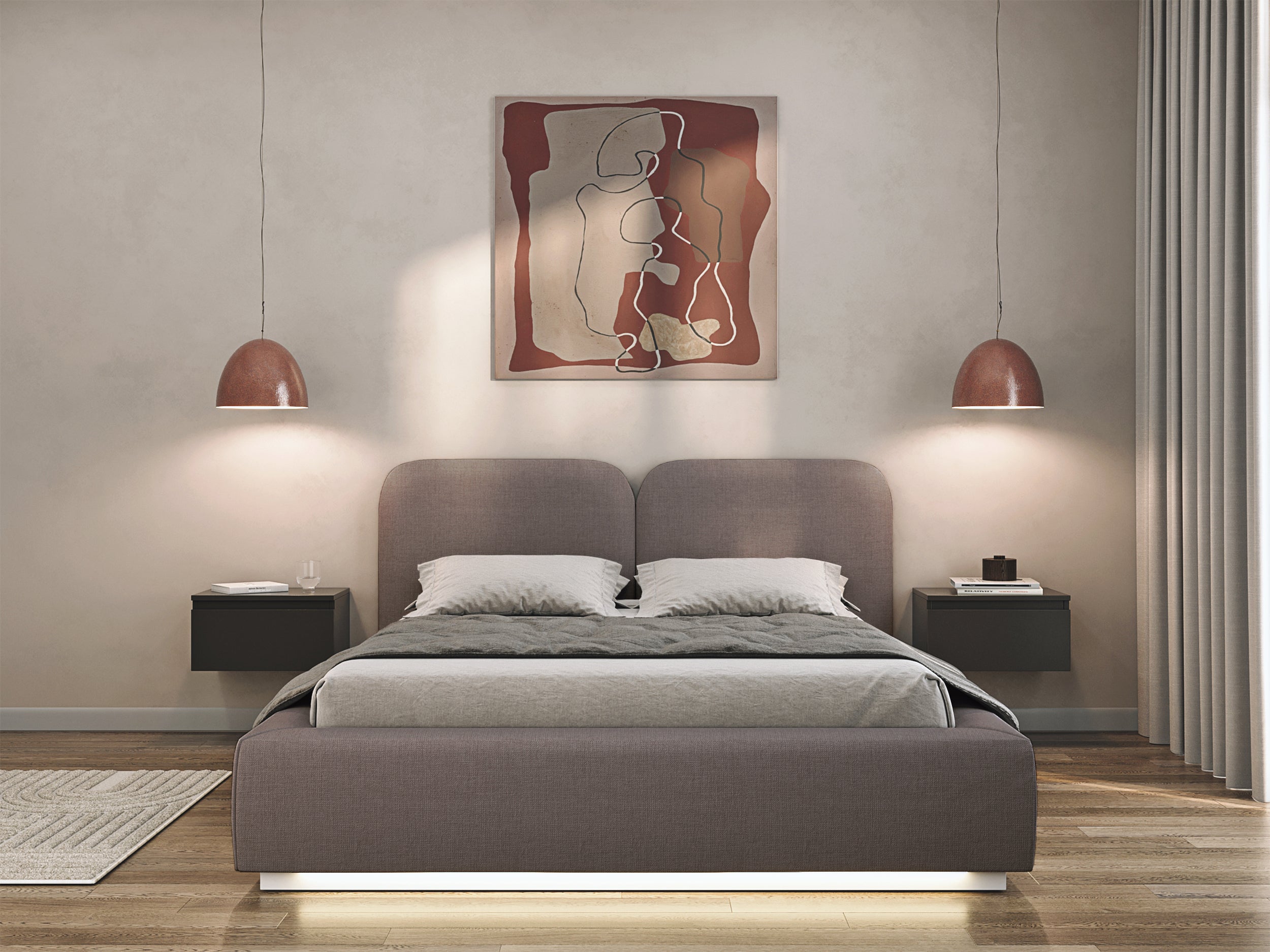 Łóżko tapicerowane 140x200 cm Comoves z pojemnikiem i oświetleniem LED stelaż metalowy brązowe szenil