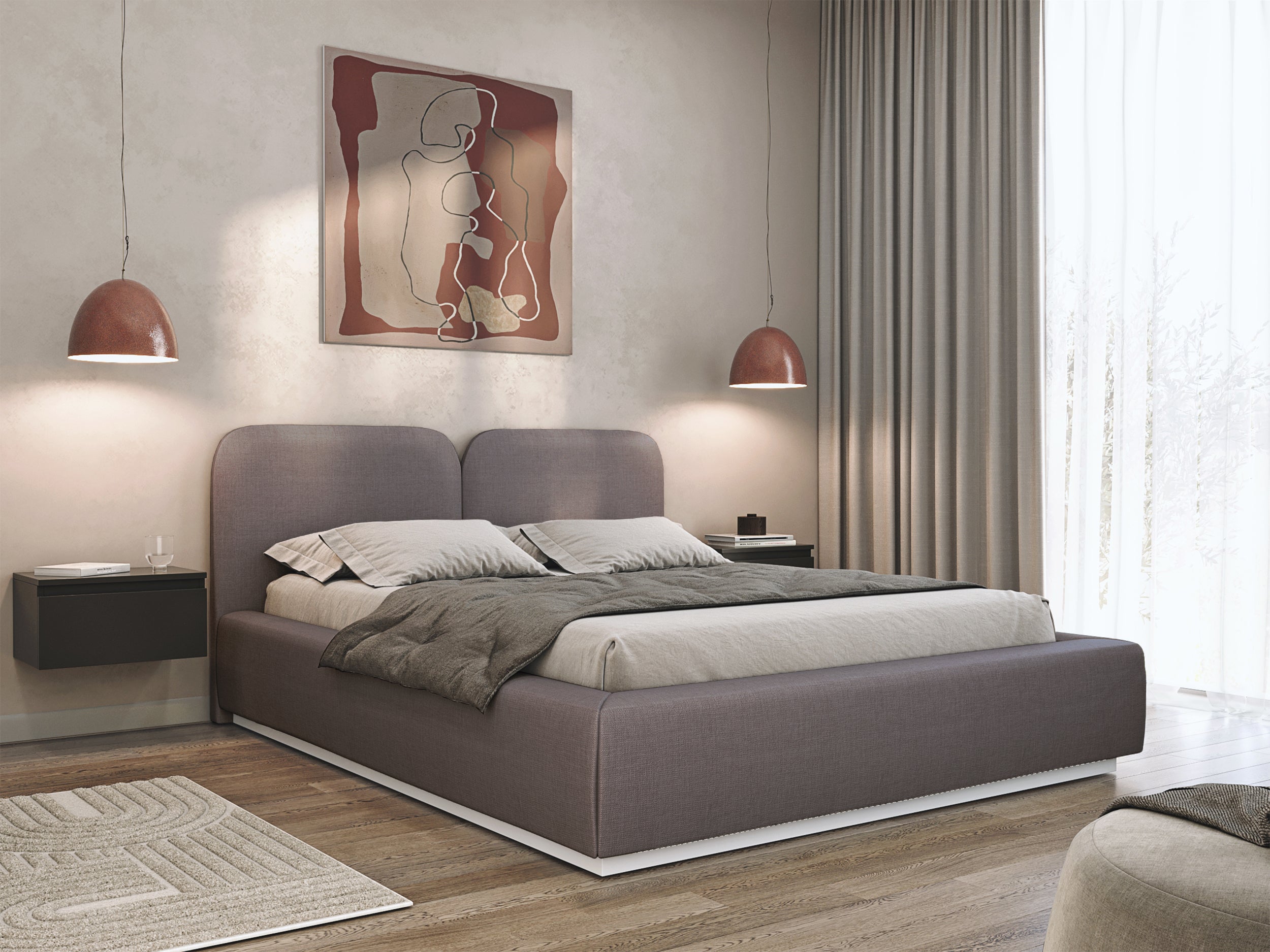 Łóżko tapicerowane 140x200 cm Comoves z pojemnikiem stelaż metalowy brązowe szenil