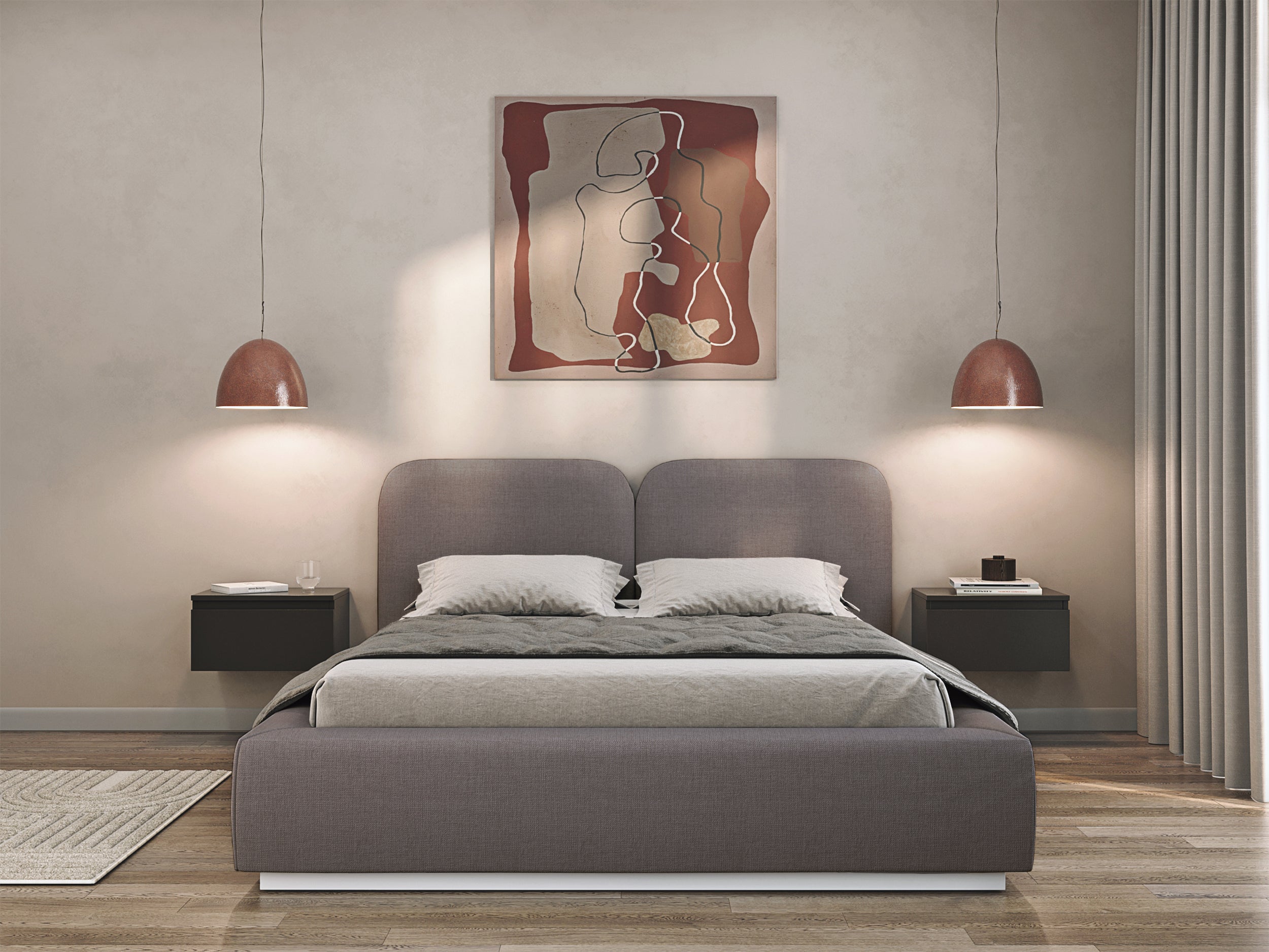Łóżko tapicerowane 140x200 cm Comoves z pojemnikiem stelaż metalowy brązowe szenil