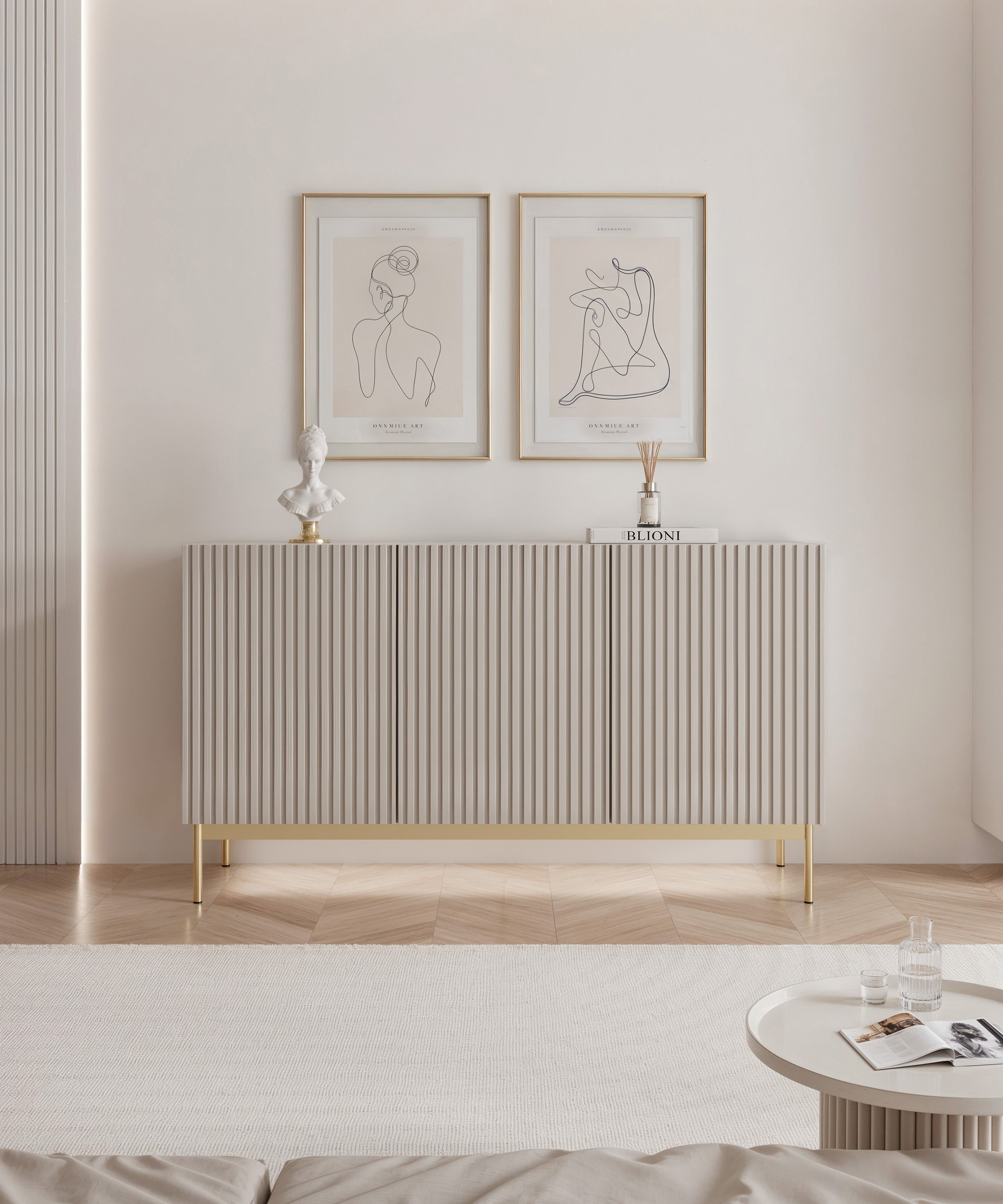 Komoda trzydrzwiowa Linearis z oświetleniem LED 138 cm kaszmir na złotych nóżkach