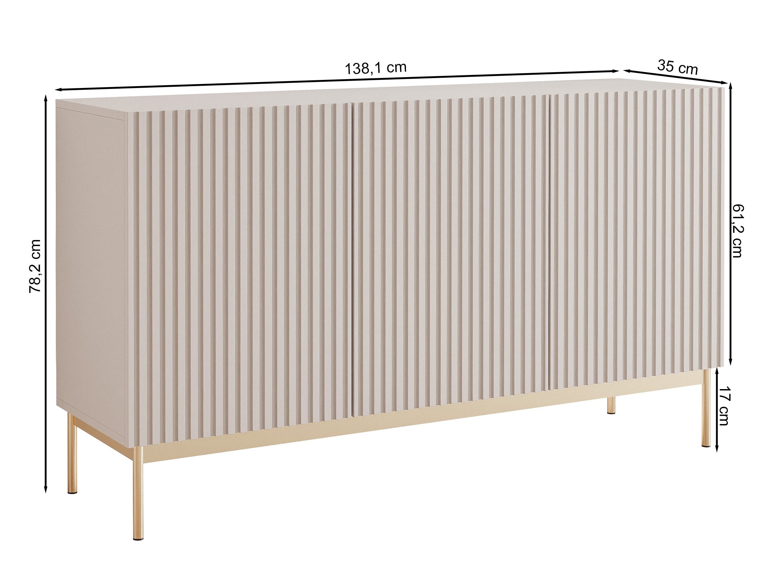 Komoda trzydrzwiowa Linearis z oświetleniem LED 138 cm kaszmir na złotych nóżkach