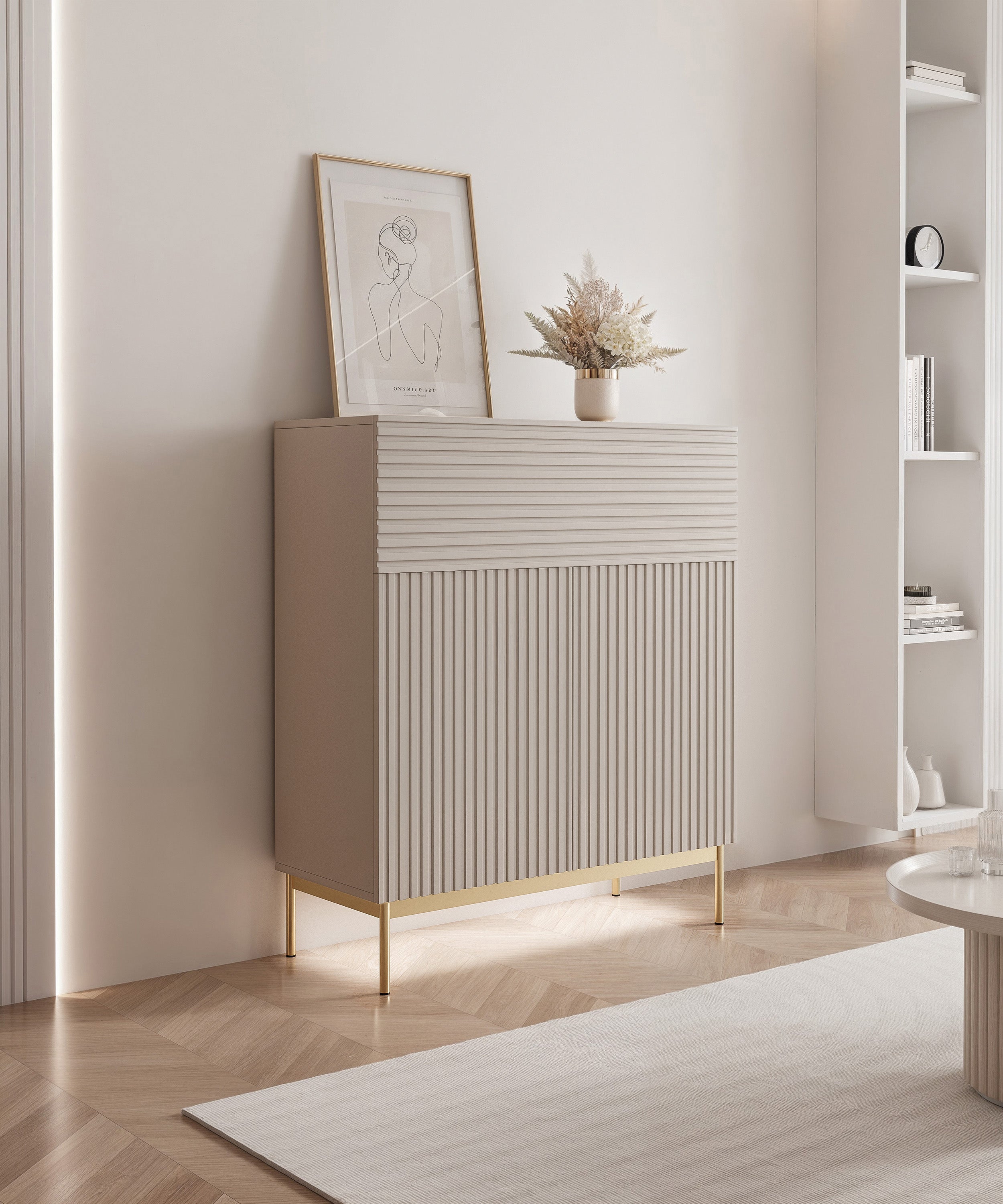 Komoda dwudrzwiowa Linearis z uchylnym schowkiem i oświetleniem LED 92 cm kaszmir na złotych nóżkach