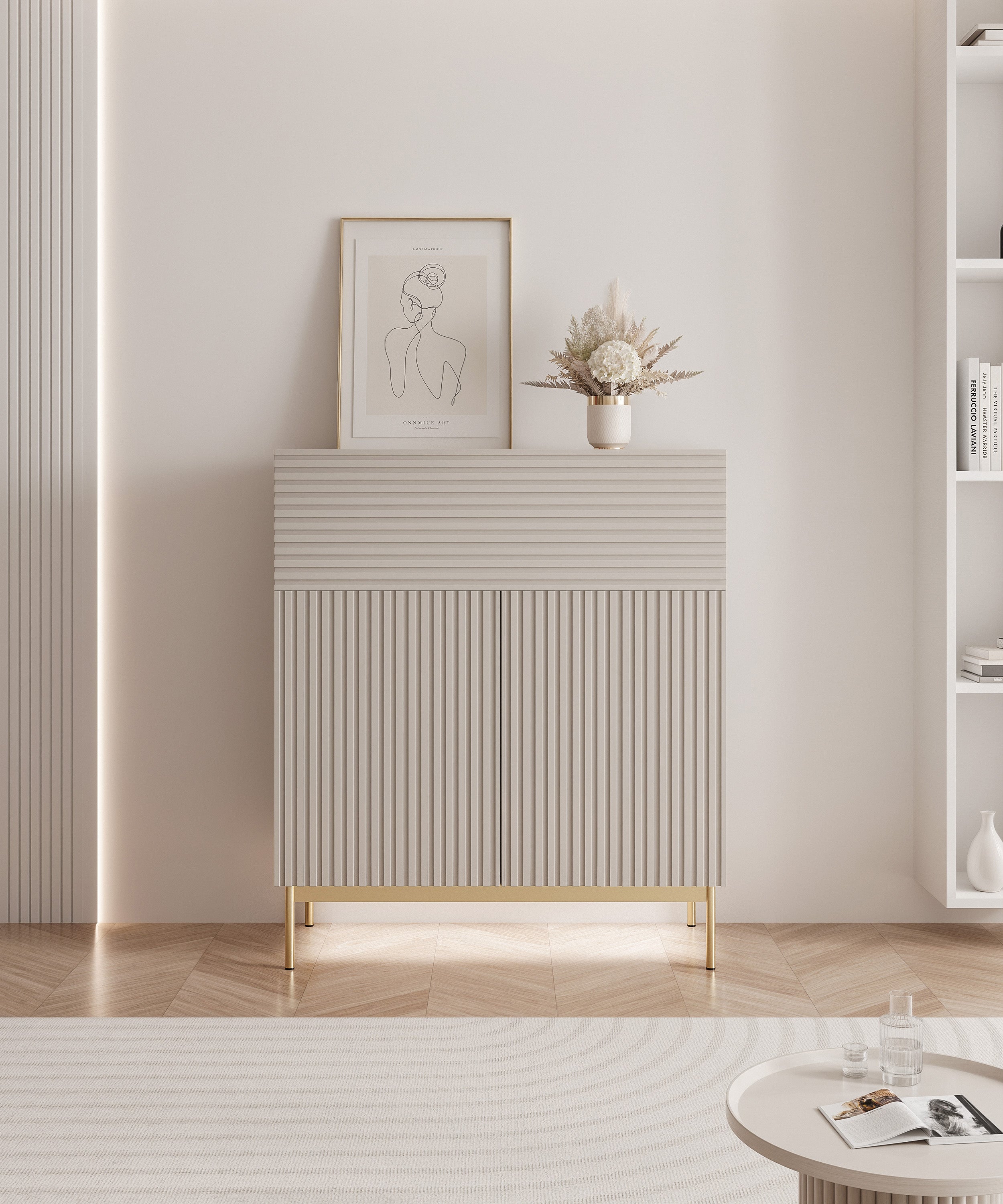 Komoda dwudrzwiowa Linearis z uchylnym schowkiem i oświetleniem LED 92 cm kaszmir na złotych nóżkach