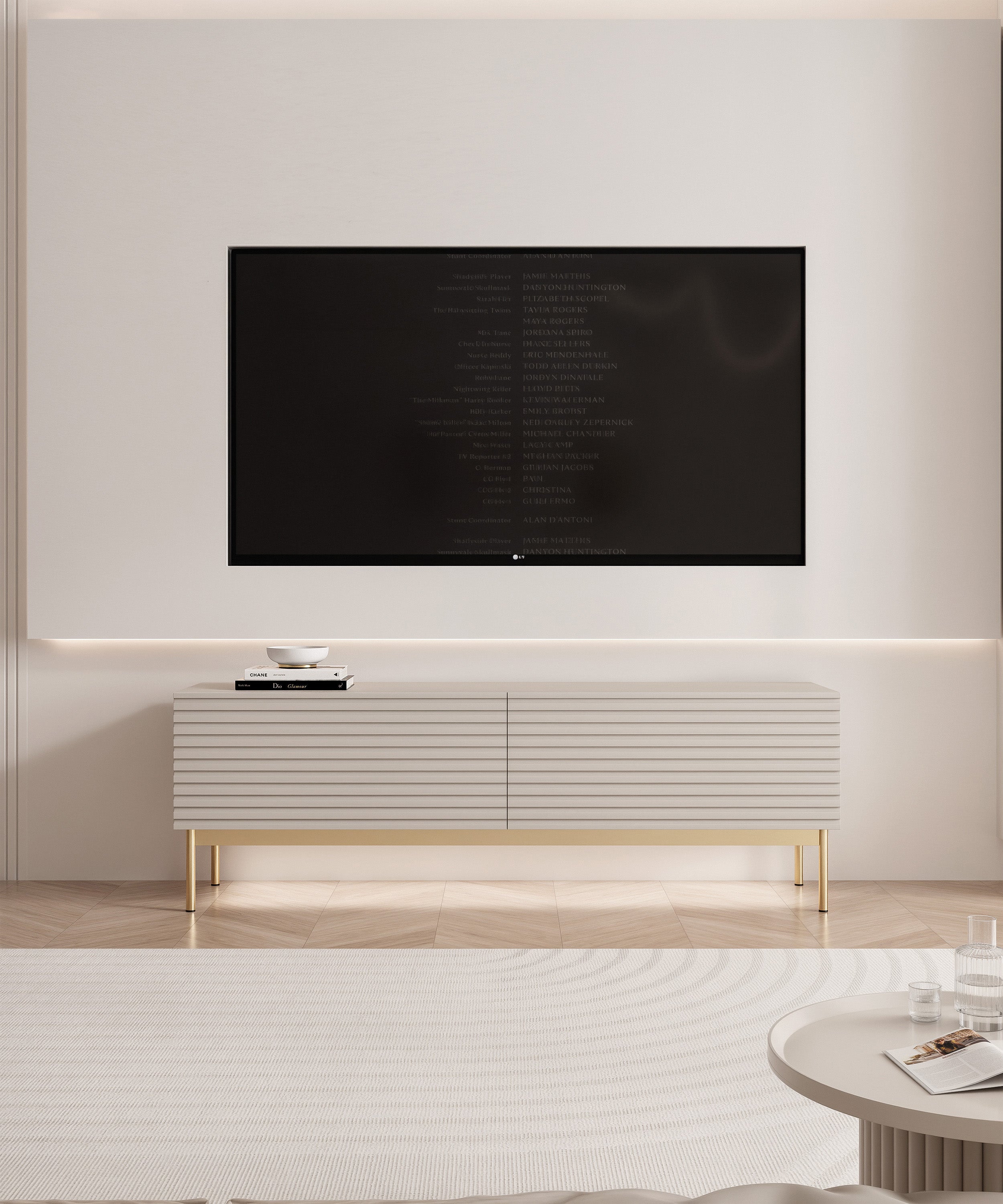 Szafka RTV Linearis z dwoma uchylnymi schowkami i oświetleniem LED 139 cm kaszmir na złotych nóżkach