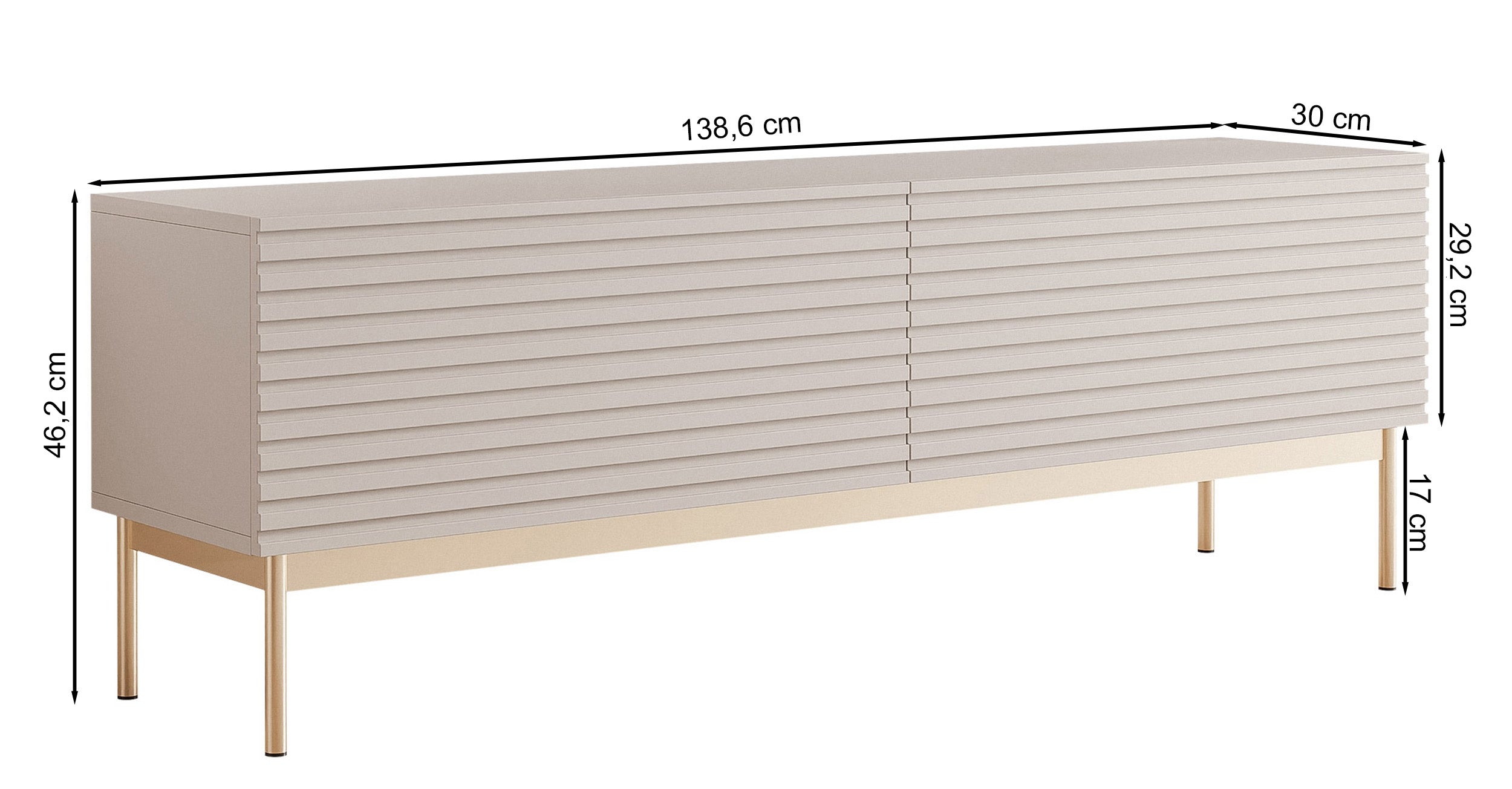 Szafka RTV Linearis z dwoma uchylnymi schowkami i oświetleniem LED 139 cm kaszmir na złotych nóżkach