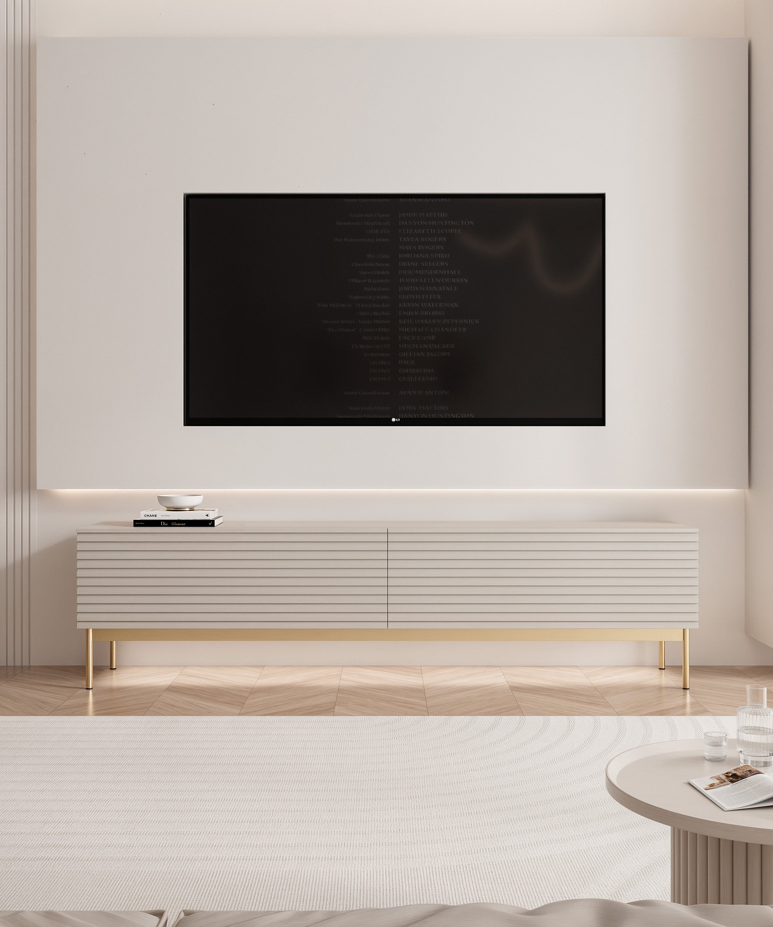 Szafka RTV Linearis z dwoma uchylnymi schowkami i oświetleniem LED 175 cm kaszmir na złotych nóżkach