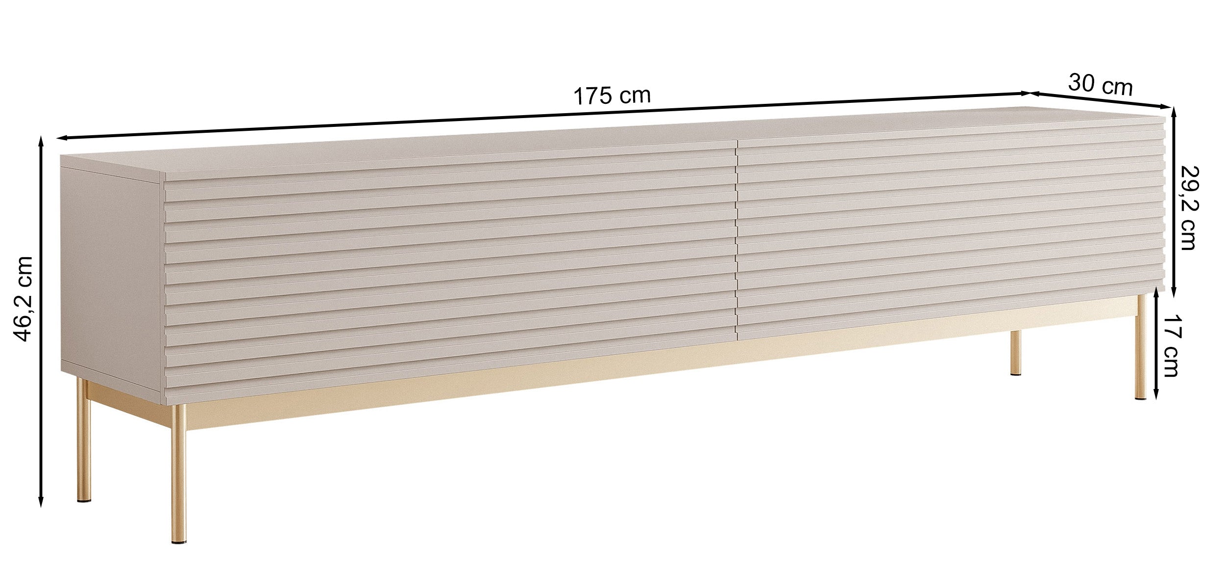 Szafka RTV Linearis z dwoma uchylnymi schowkami i oświetleniem LED 175 cm kaszmir na złotych nóżkach