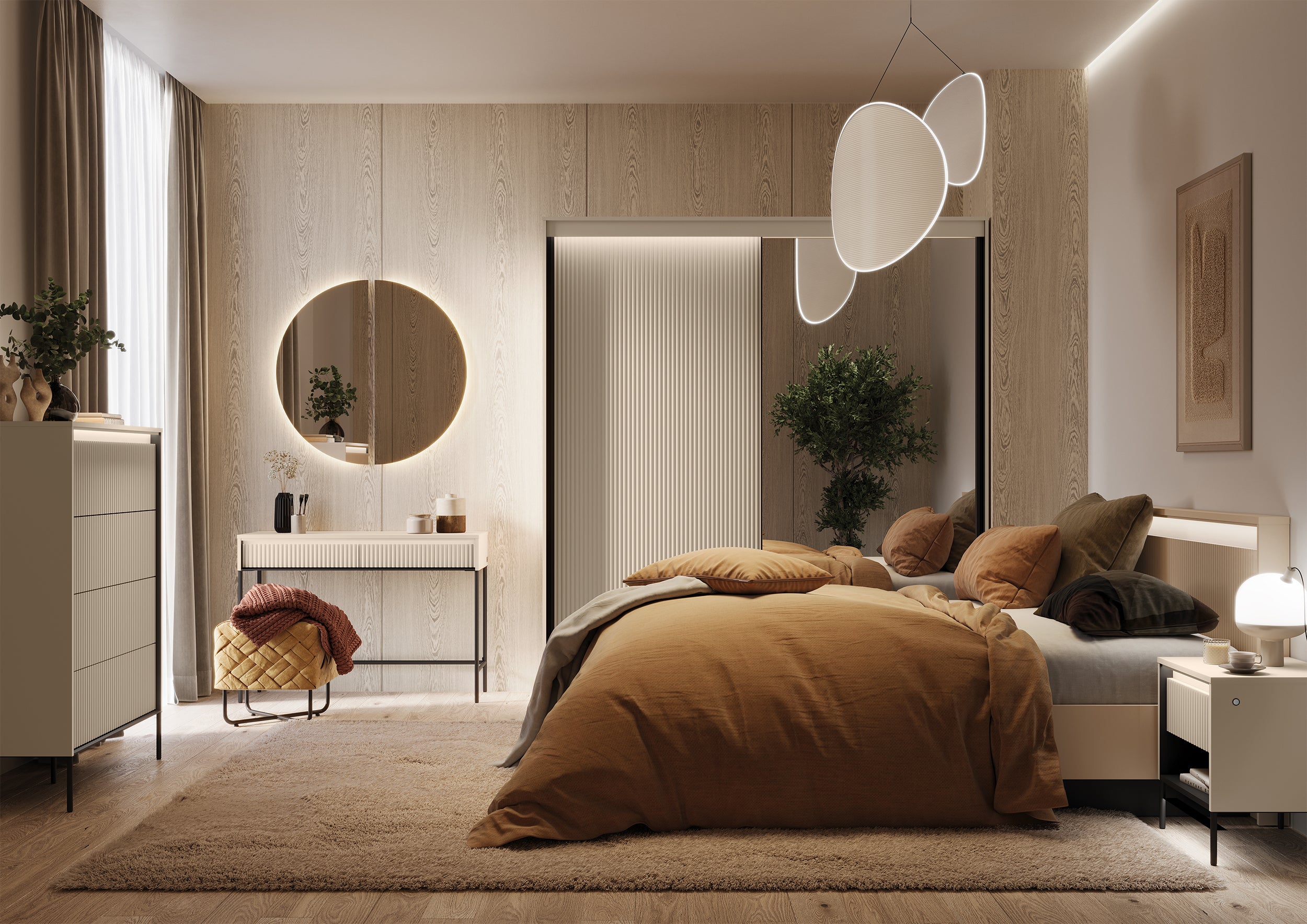 Łóżko Trend 180x200 cm ryflowane z pojemnikiem i oświetleniem beż piaskowy / czarny
