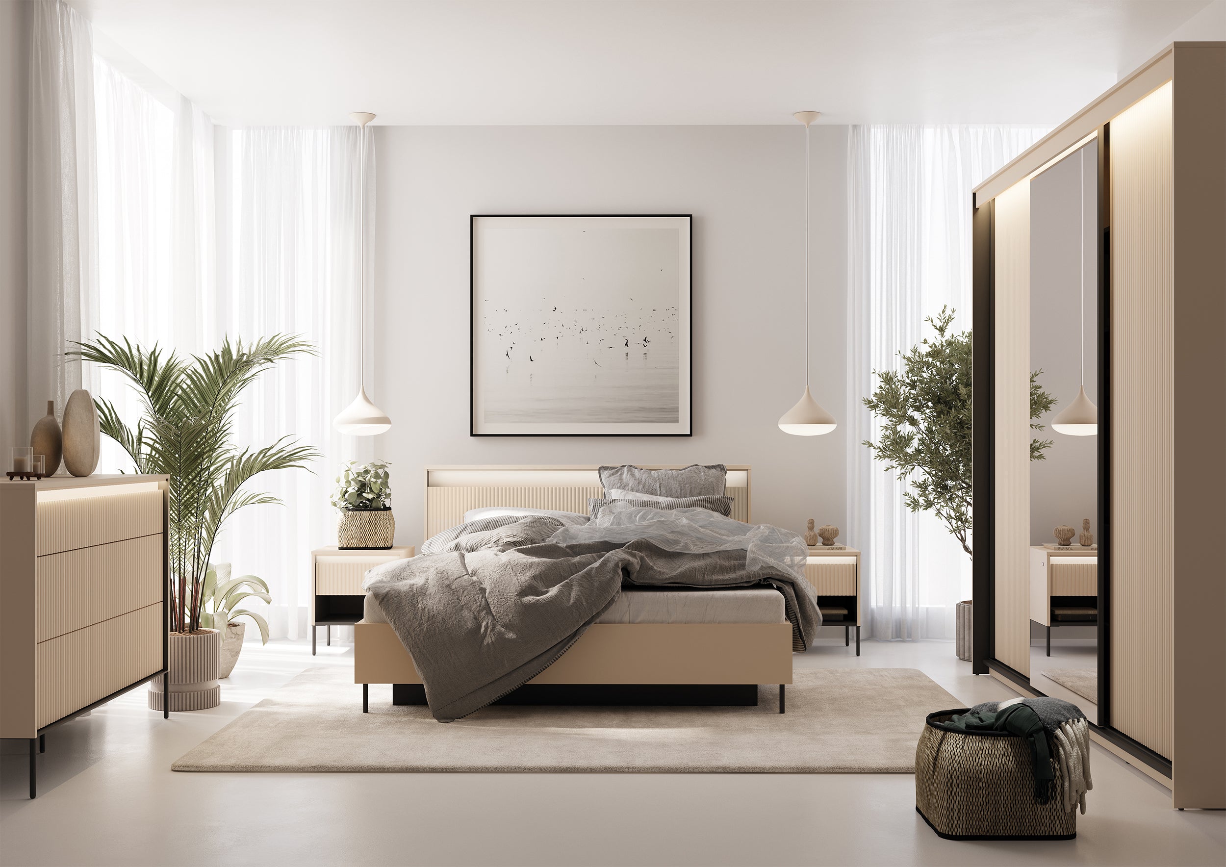 Łóżko Trend 180x200 cm ryflowane z pojemnikiem i oświetleniem beż piaskowy / czarny