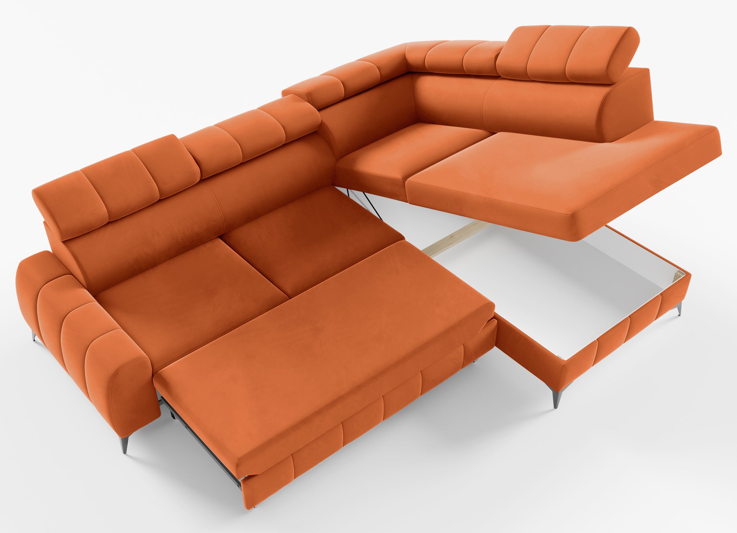 Narożnik z funkcją spania London L-kształtny prawostronny z pojemnikiem miedziany welur