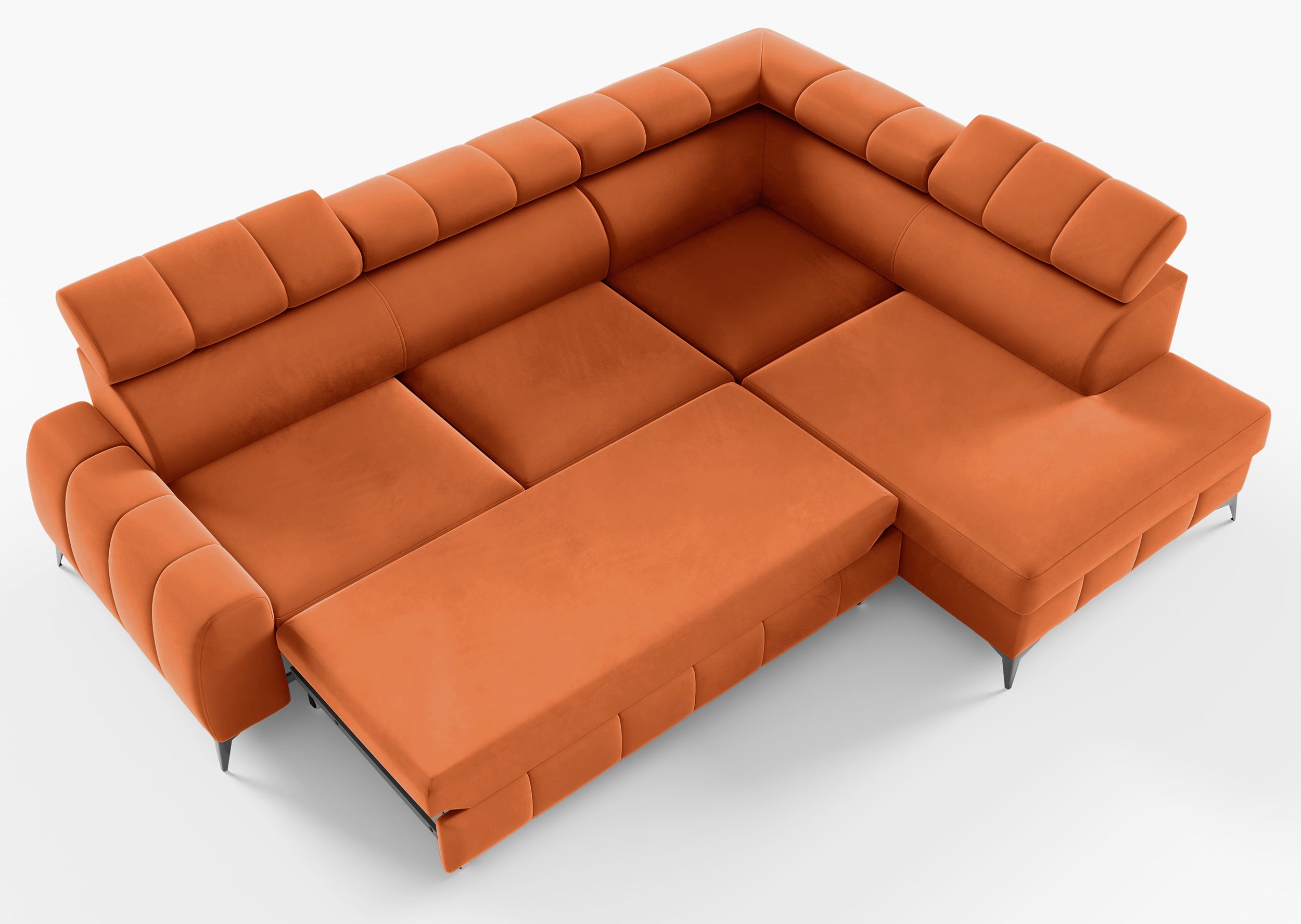 Narożnik z funkcją spania London L-kształtny prawostronny z pojemnikiem miedziany welur