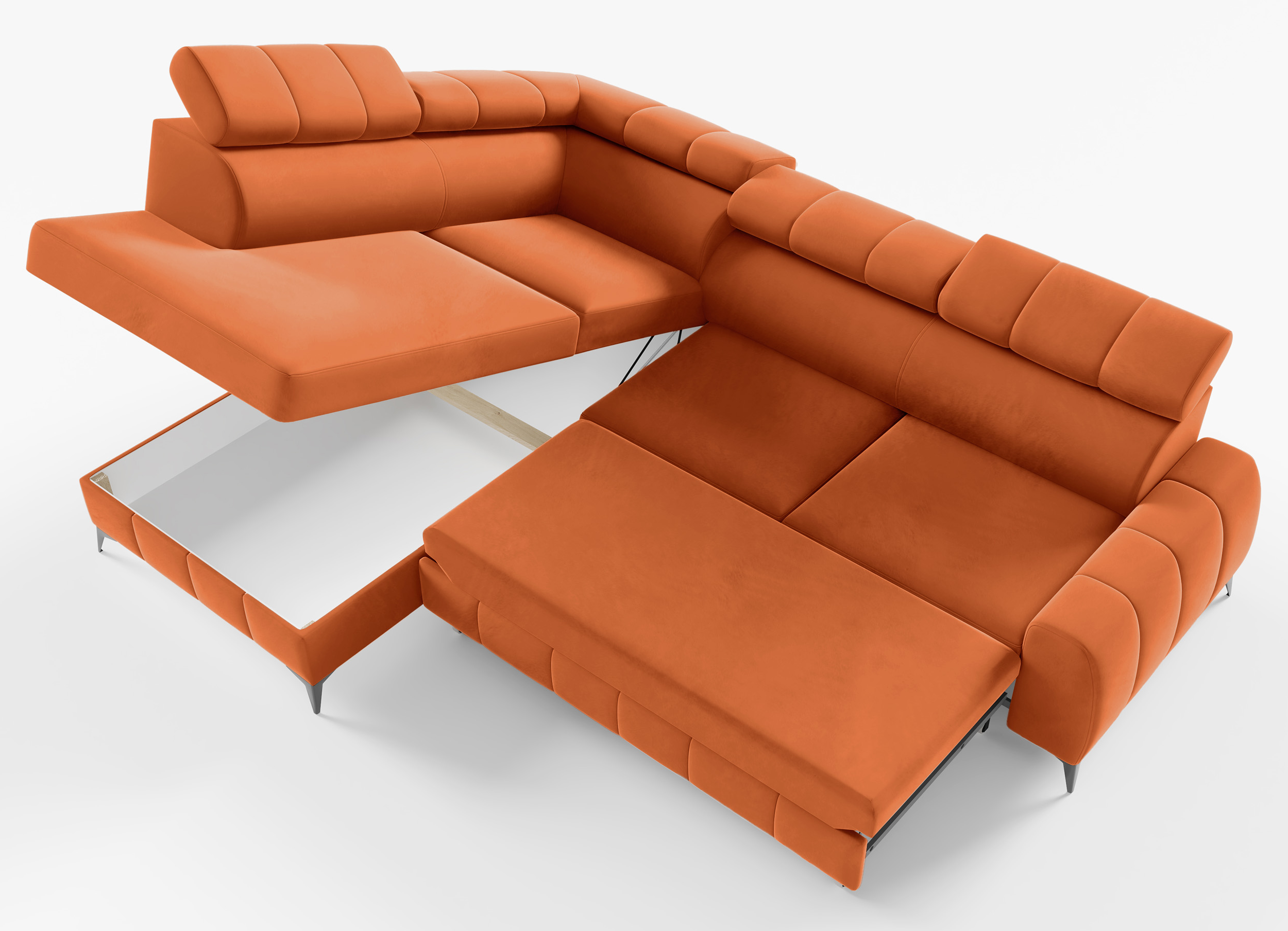 Narożnik z funkcją spania London L-kształtny lewostronny z pojemnikiem miedziany welur