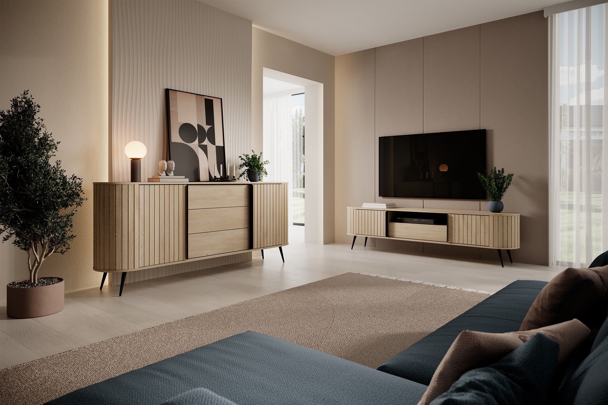 Komoda dwudrzwiowa Lovi z trzema szufladami i ryflowaniem przesuwna 196 cm dąb cremona