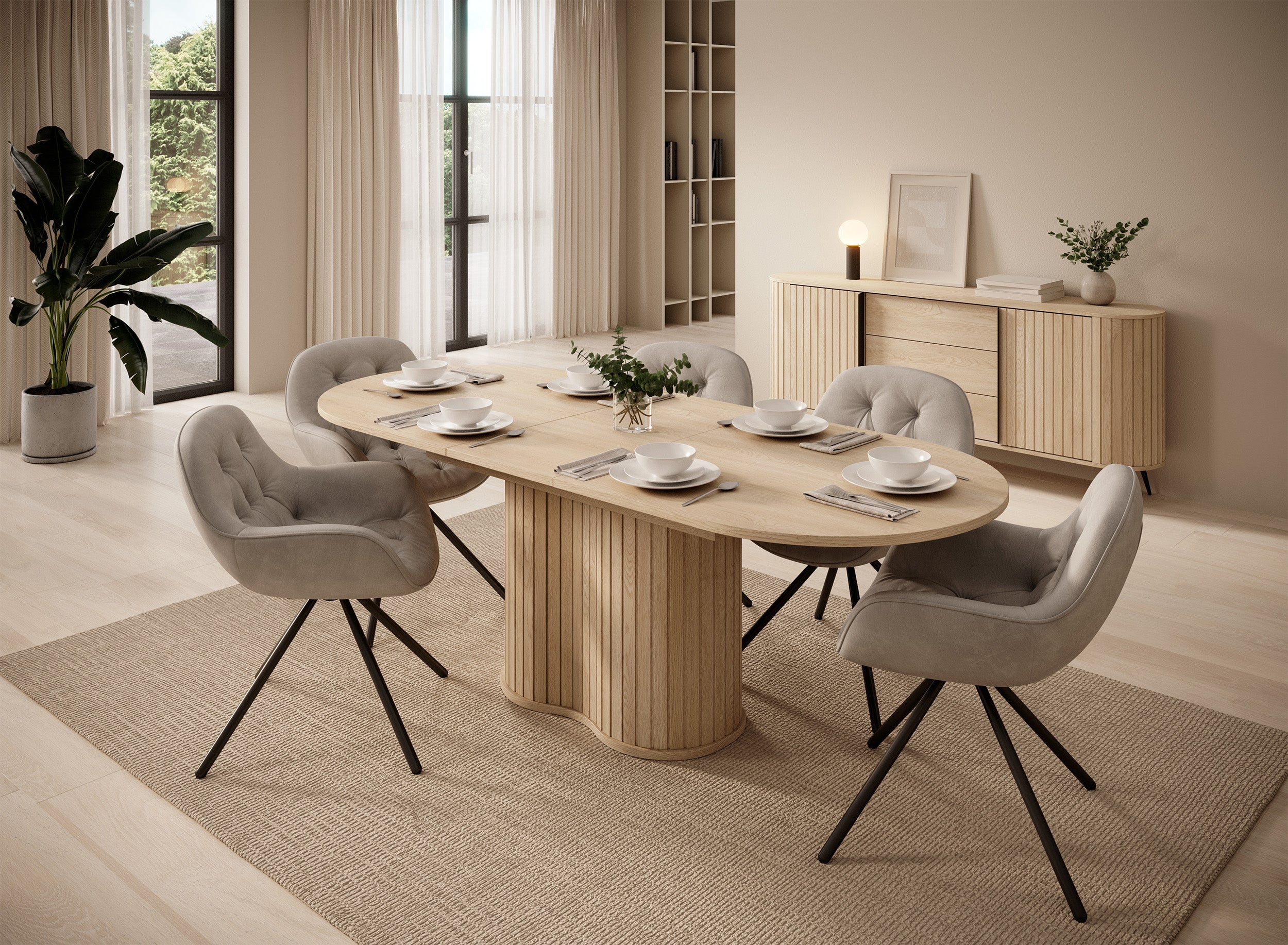 Komoda dwudrzwiowa Lovi z trzema szufladami i ryflowaniem przesuwna 196 cm dąb cremona