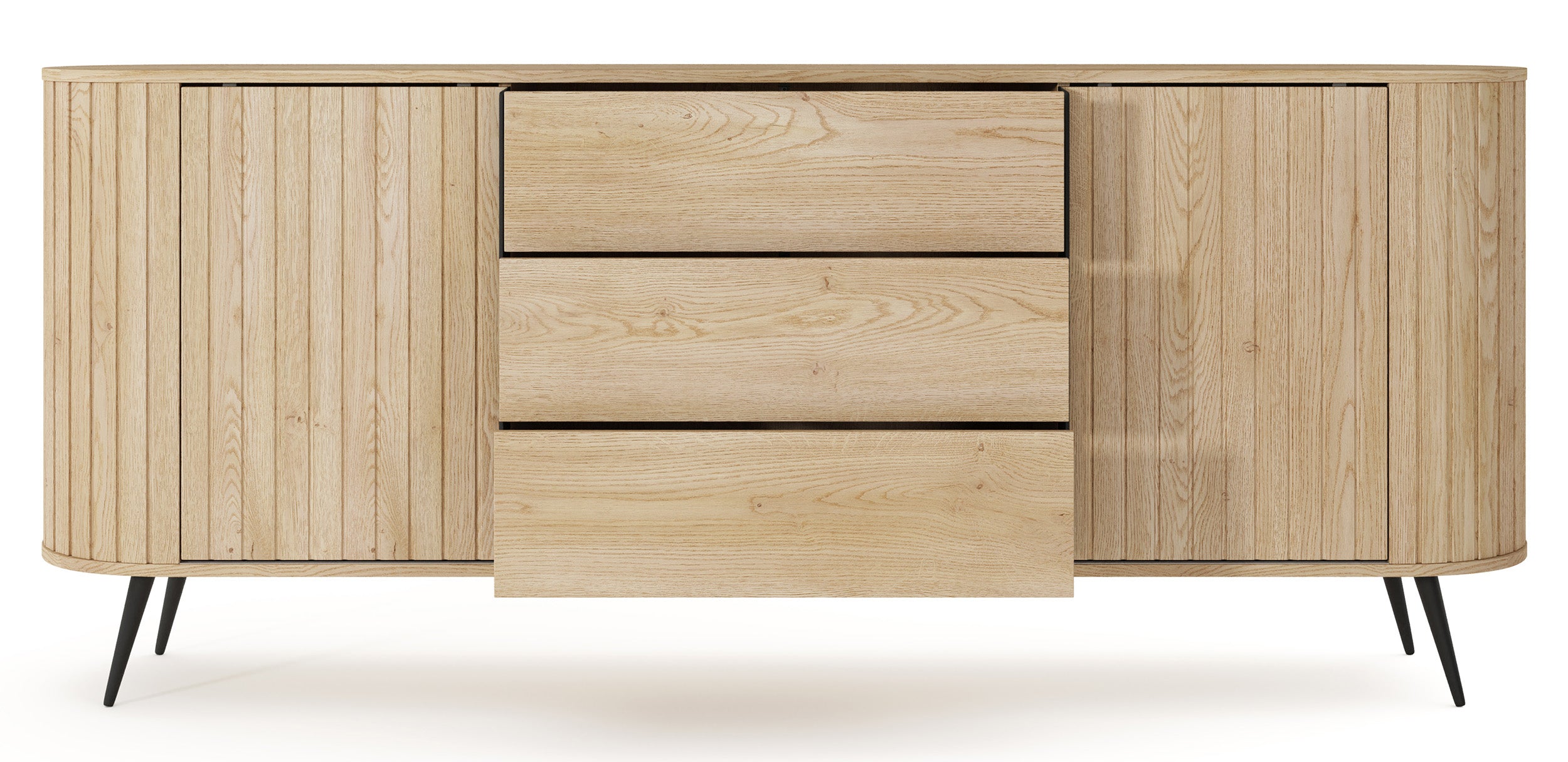 Komoda dwudrzwiowa Lovi z trzema szufladami i ryflowaniem przesuwna 196 cm dąb cremona