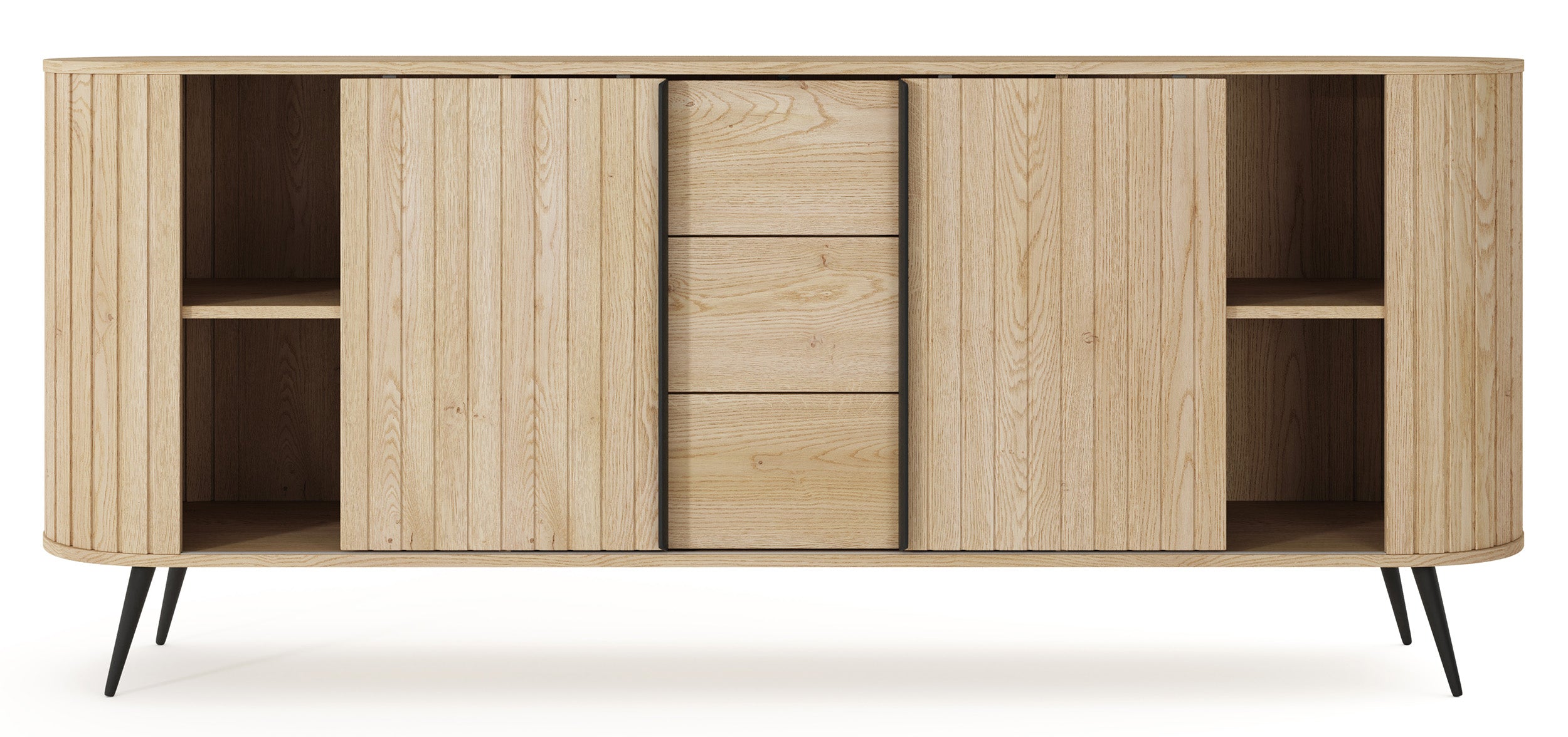 Komoda dwudrzwiowa Lovi z trzema szufladami i ryflowaniem przesuwna 196 cm dąb cremona