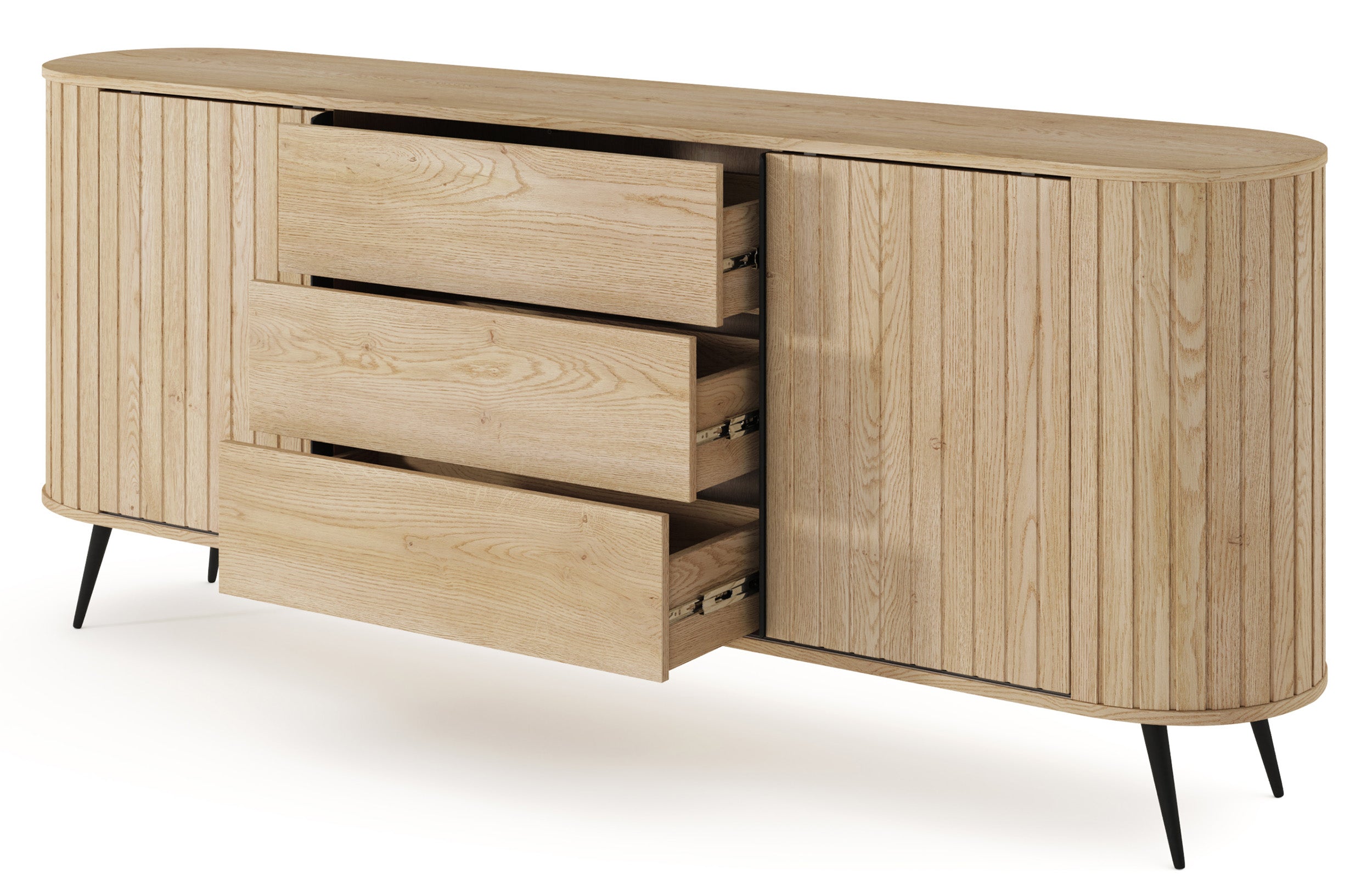 Komoda dwudrzwiowa Lovi z trzema szufladami i ryflowaniem przesuwna 196 cm dąb cremona