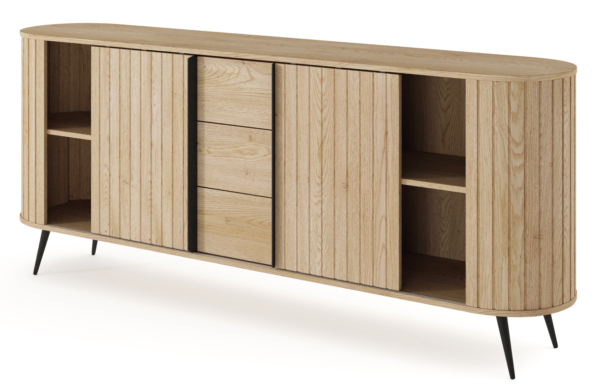 Komoda dwudrzwiowa Lovi z trzema szufladami i ryflowaniem przesuwna 196 cm dąb cremona