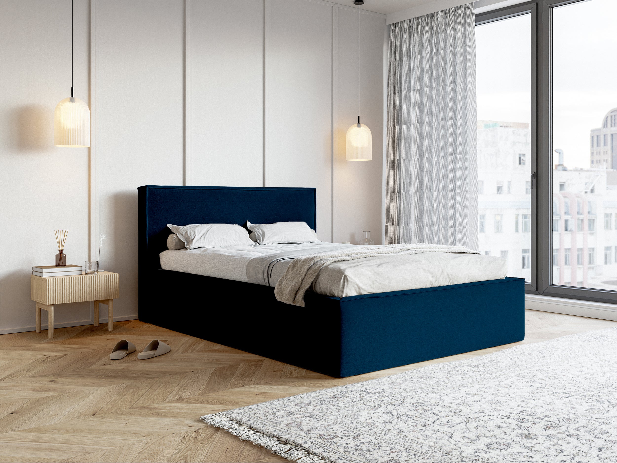 Łóżko tapicerowane 180x200 cm Lucera z pojemnikiem granatowe welur hydrofobowy