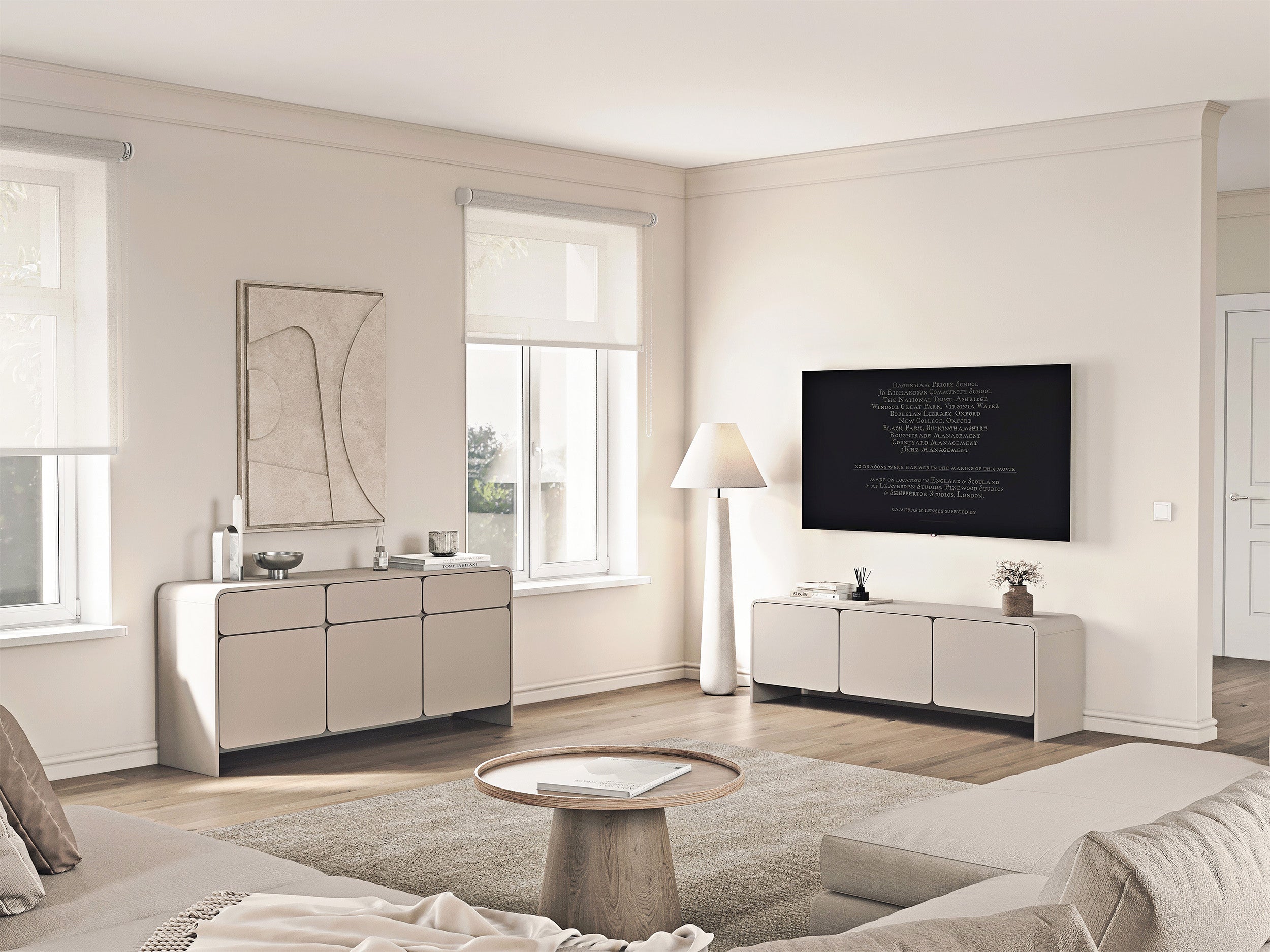 Komoda trzydrzwiowa Lummo z trzema szufladami 156 cm kaszmir