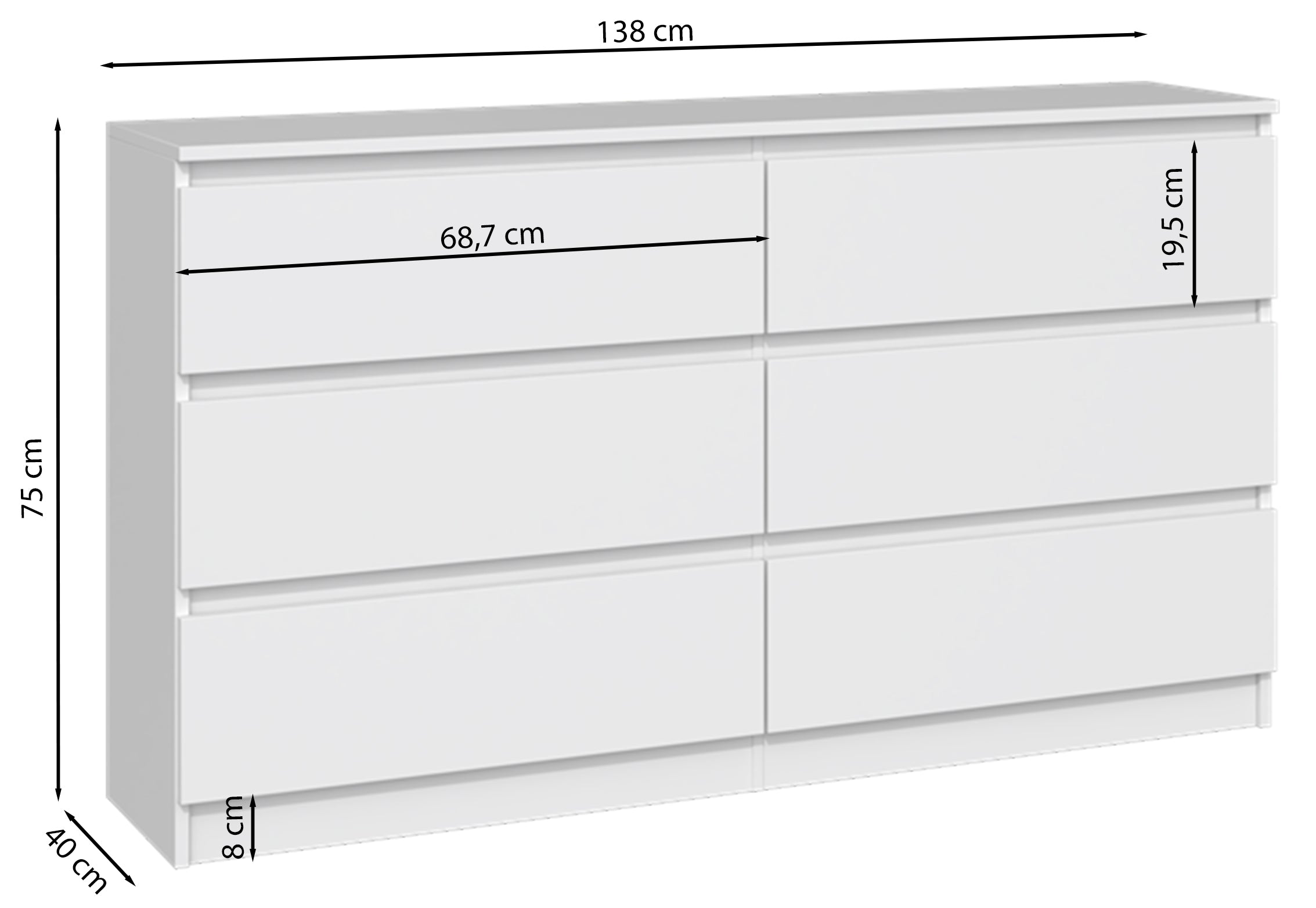 Komoda Malwa z sześcioma szufladami 138 cm biała