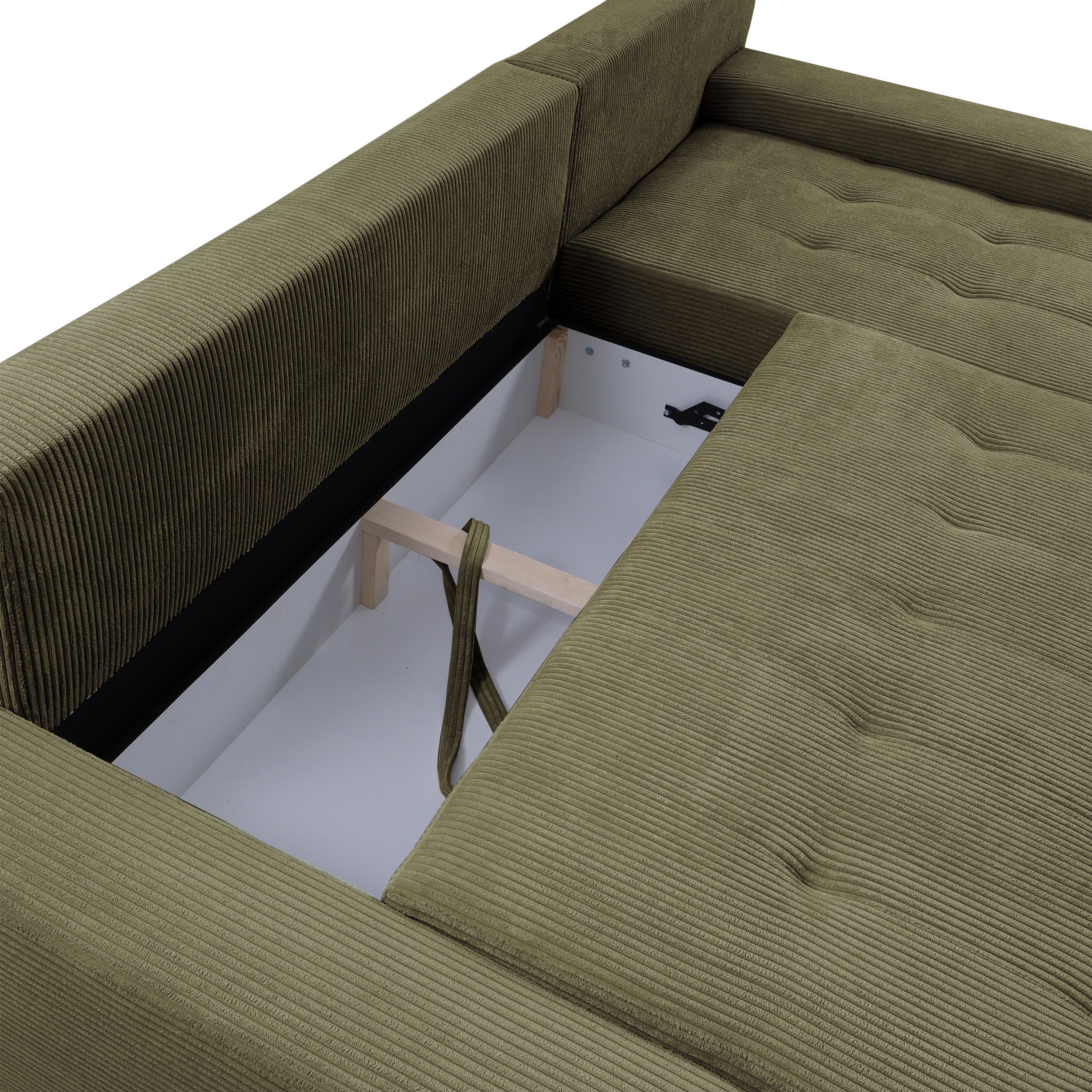 Narożnik z funkcją spania Magliano L-kształtny z pojemnikiem oliwkowy sztruks prawostronny