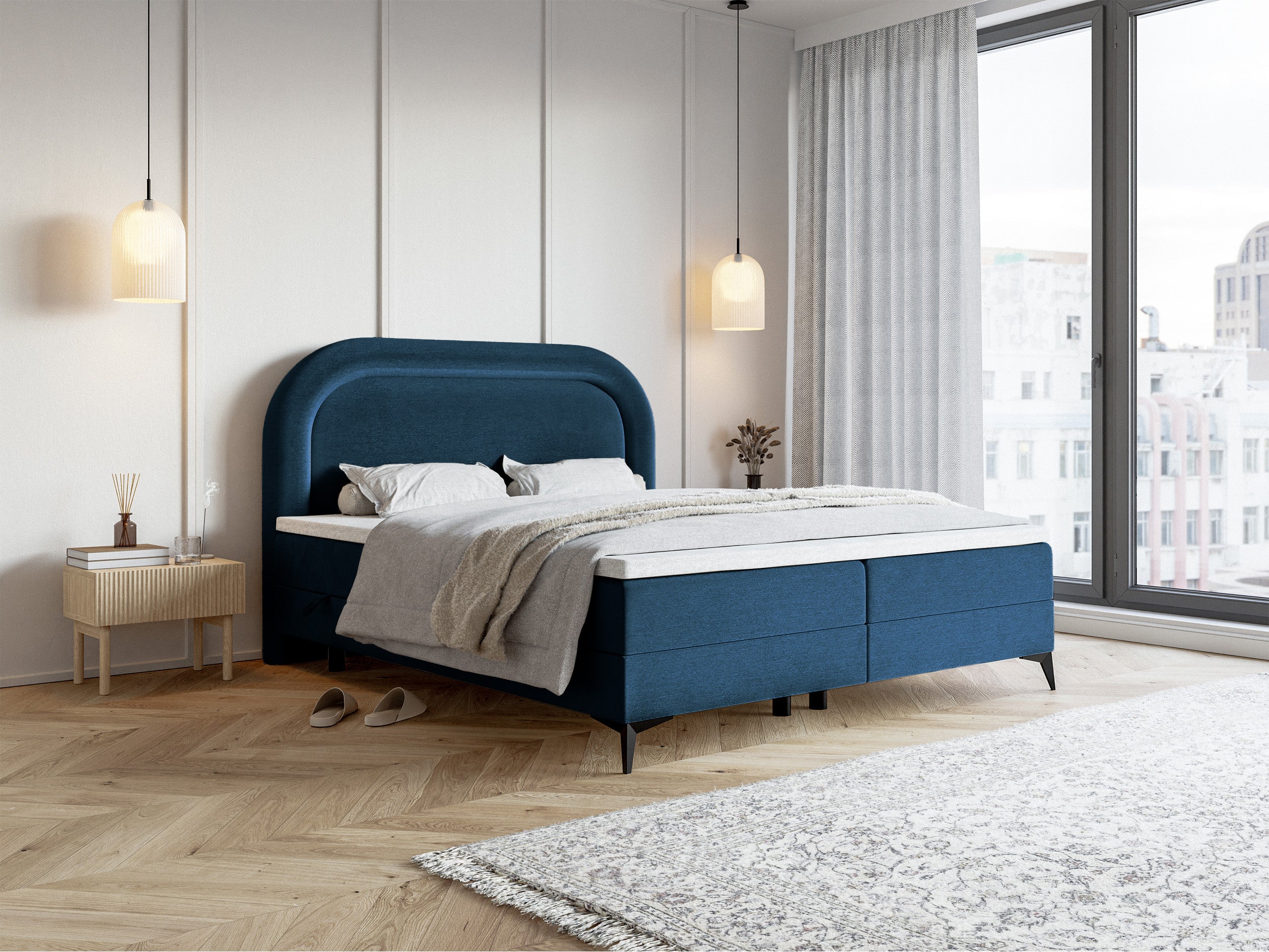 Łóżko kontynentalne 180x200 cm Loreo z topperem i pojemnikami granatowe welur hydrofobowy