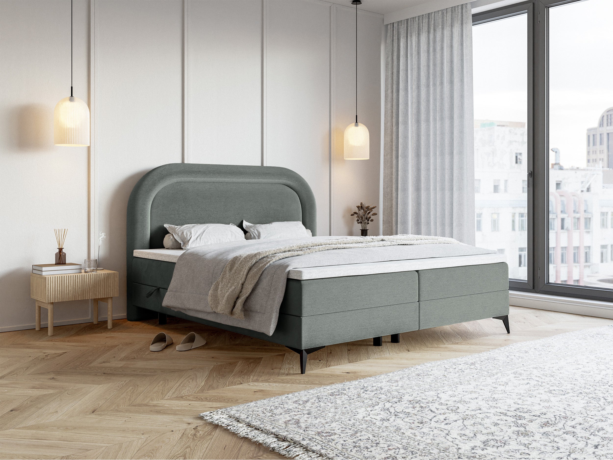 Łóżko kontynentalne 140x200 cm Loreo z topperem i pojemnikami szare welur hydrofobowy