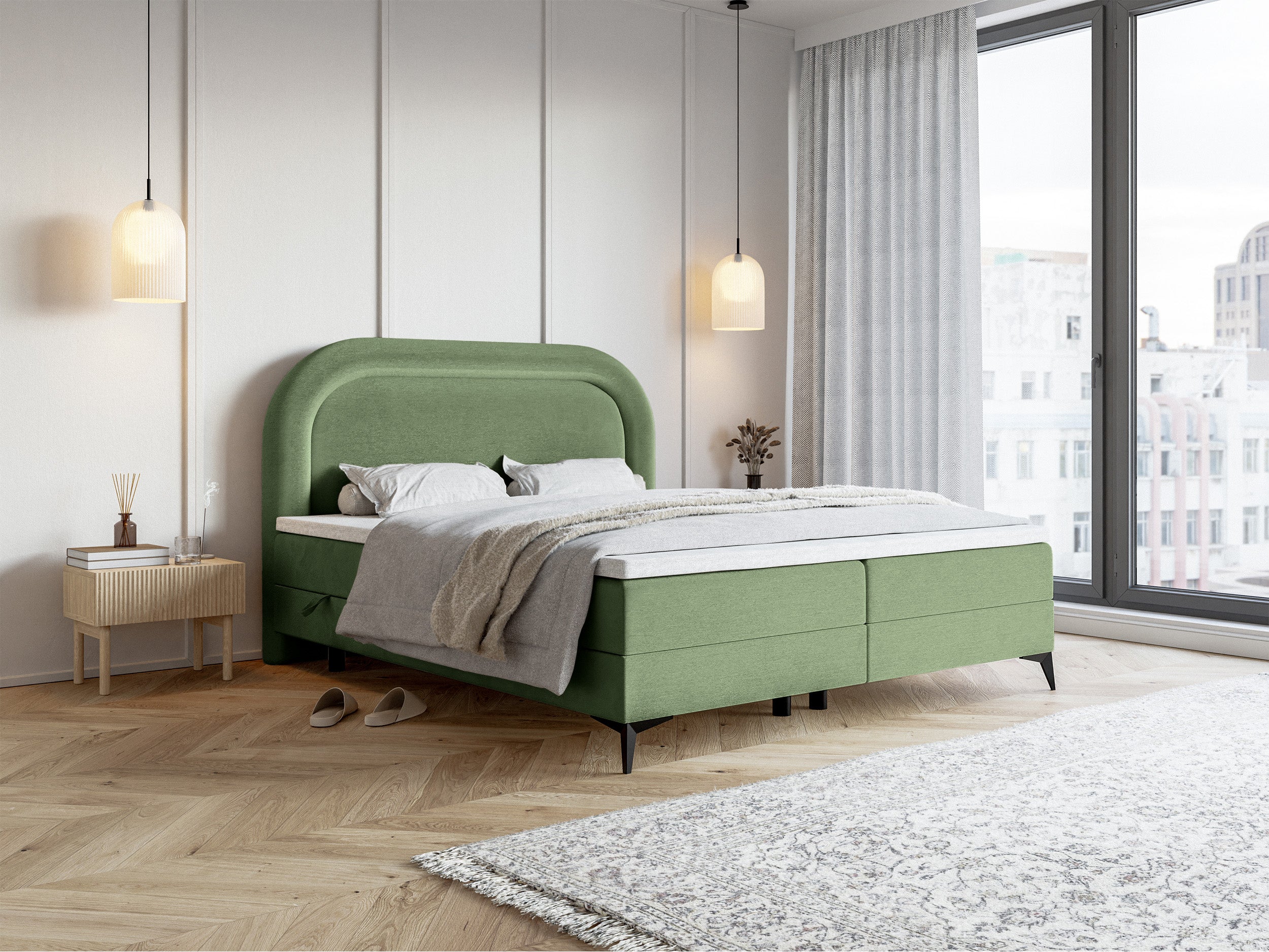 Łóżko kontynentalne 140x200 cm Loreo z topperem i pojemnikami eukaliptusowe welur hydrofobowy