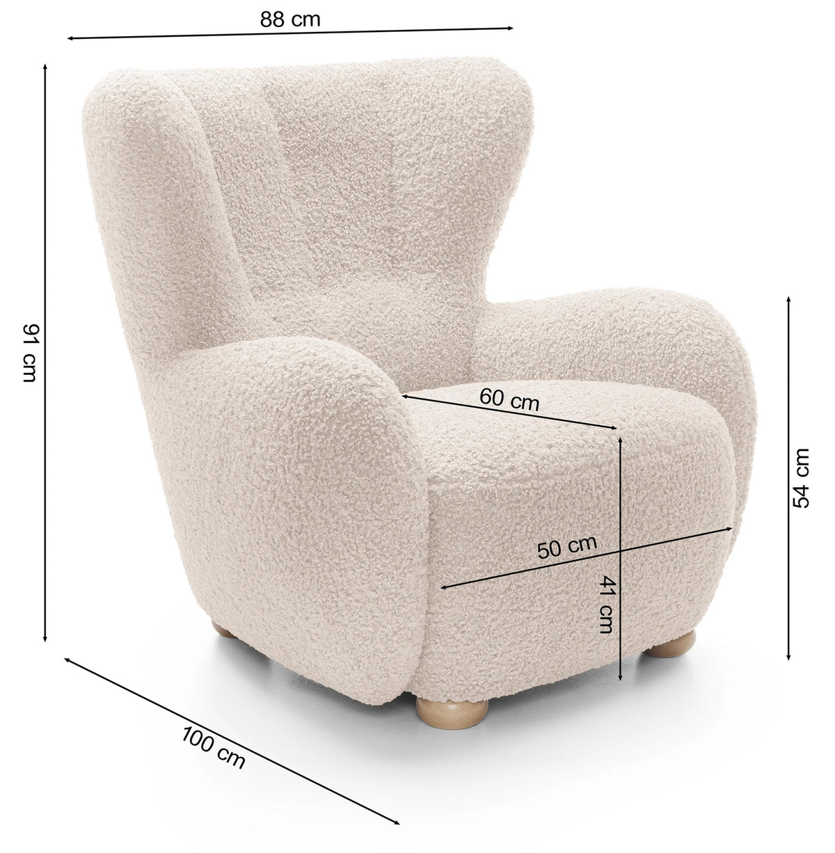 Rysunek wymiarowy - Fotel Milele szary szenil nogi dąb: szerokość 88 cm, głębokość 100 cm, wysokość 91 cm