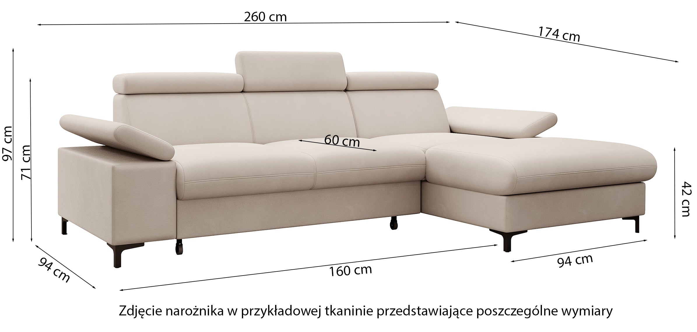 Narożnik z funkcją spania Millefolium L-kształtny z pojemnikiem beżowy velvet hydrofobowy prawostronny