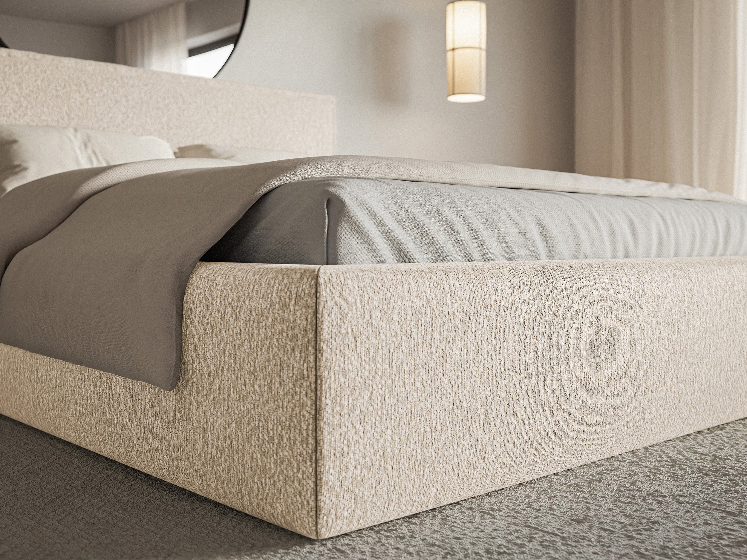 Łóżko tapicerowane 180x200 cm Softie z pojemnikiem jasnobeżowe szenil stelaż metalowy