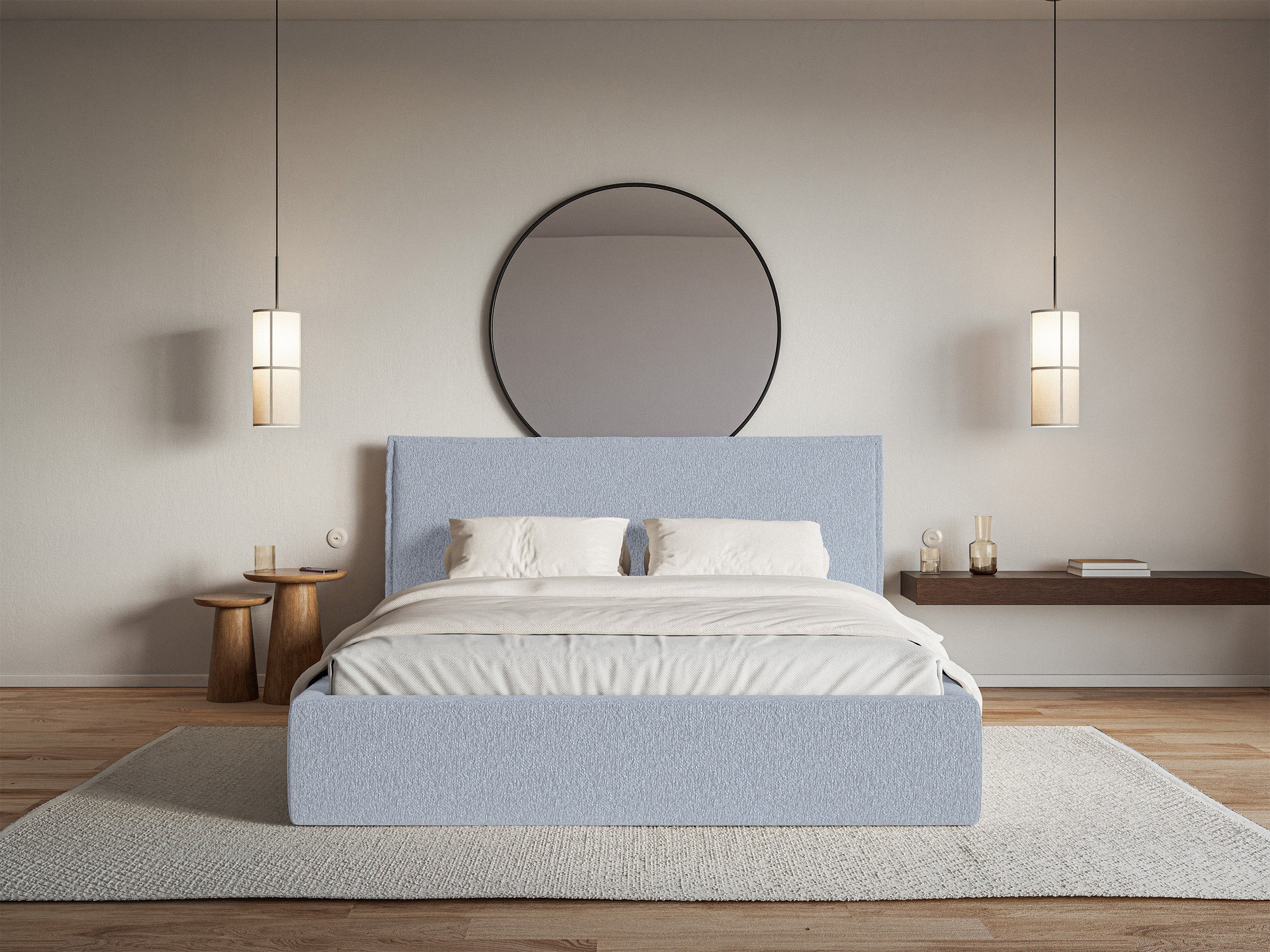 Łóżko tapicerowane 160x200 cm Softie z pojemnikiem błękitne szenil stelaż metalowy