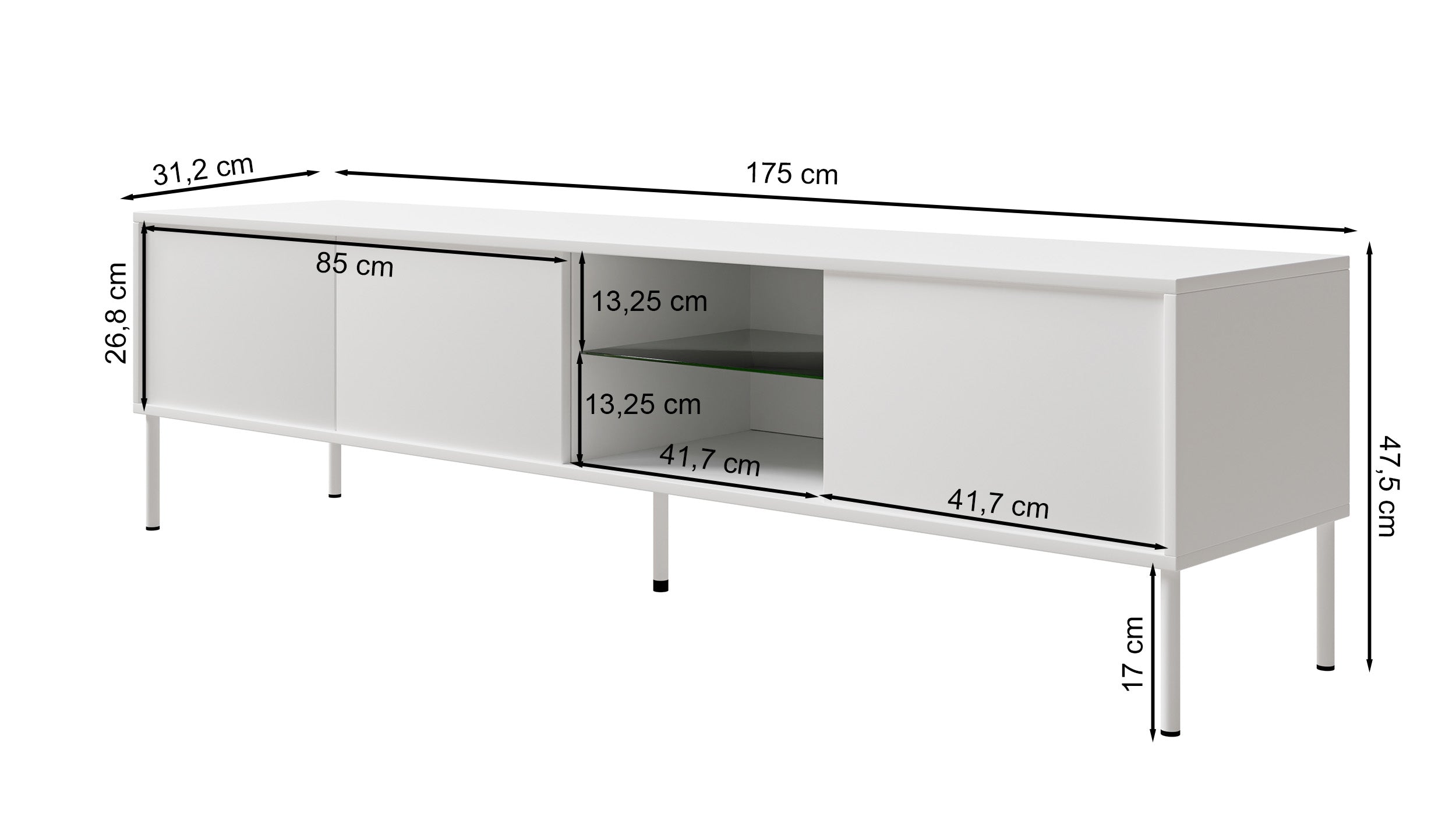 Szafka RTV trzydrzwiowa Modity ze szklaną półką i oświetleniem 175 cm orzech na czarnych nóżkach